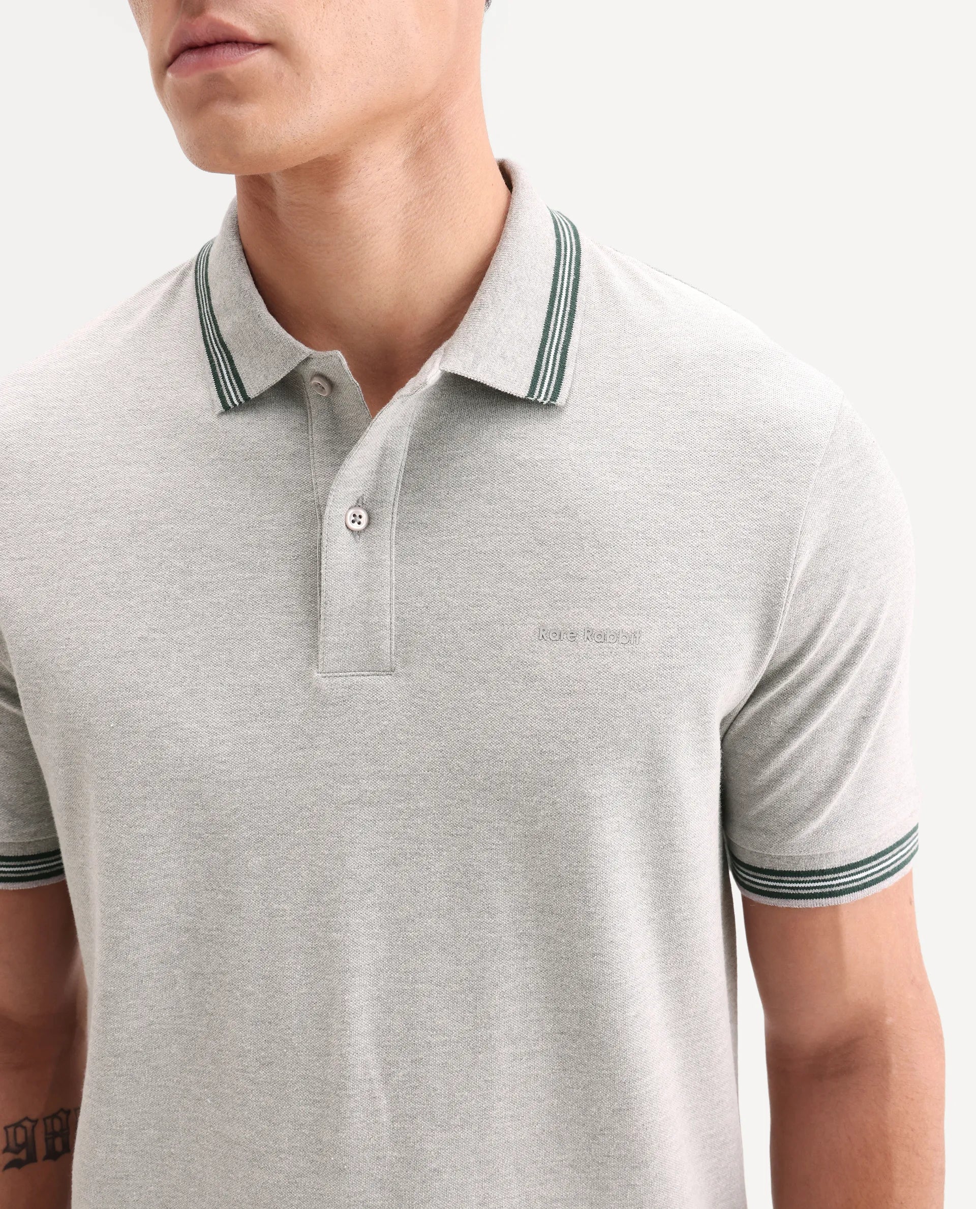 Rare Rabbit Men's Zena Light Grey Cotton Blend Fabric Half Sleeve Spread Collar Regular Fit Plain Polo