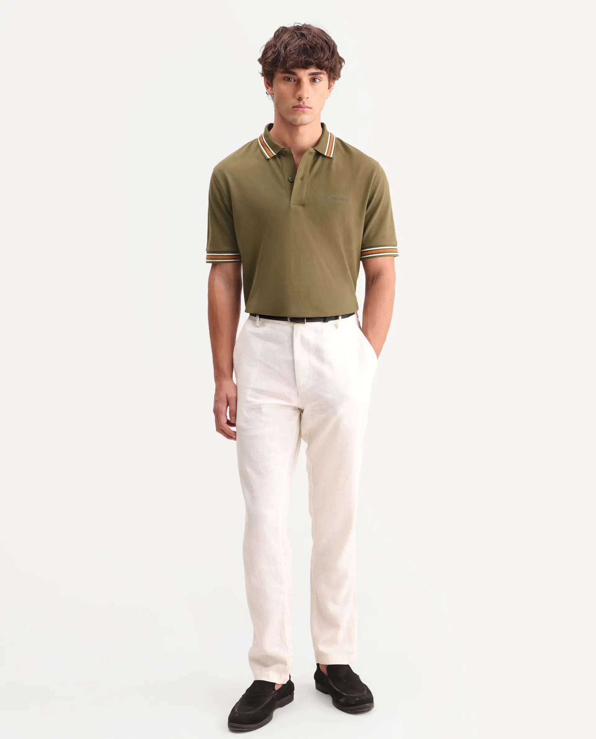 Rare Rabbit Men's Nega Olive Cotton Blend Fabric Half Sleeve Spread Collar Regular Fit Plain Polo