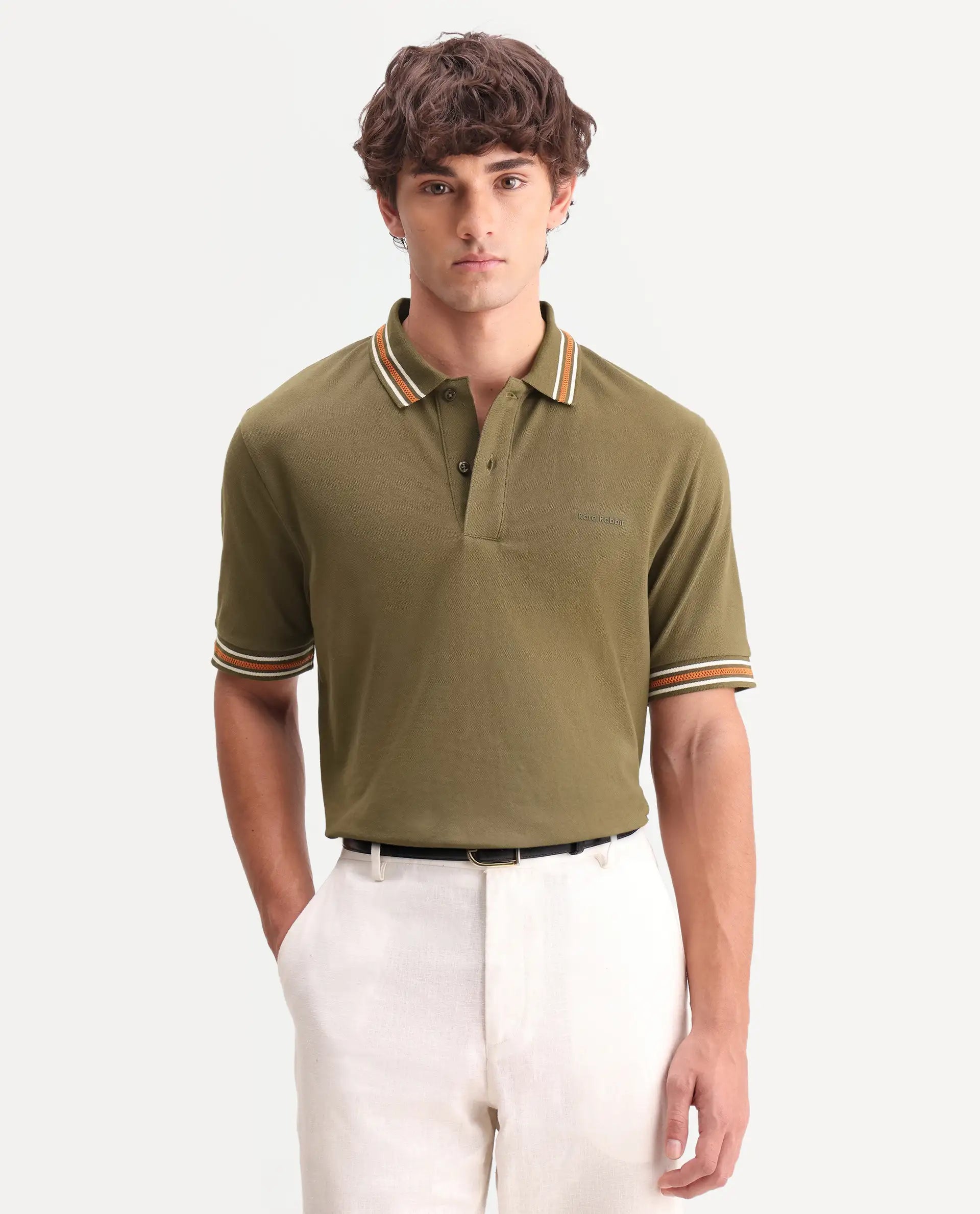Rare Rabbit Men's Nega Olive Cotton Blend Fabric Half Sleeve Spread Collar Regular Fit Plain Polo
