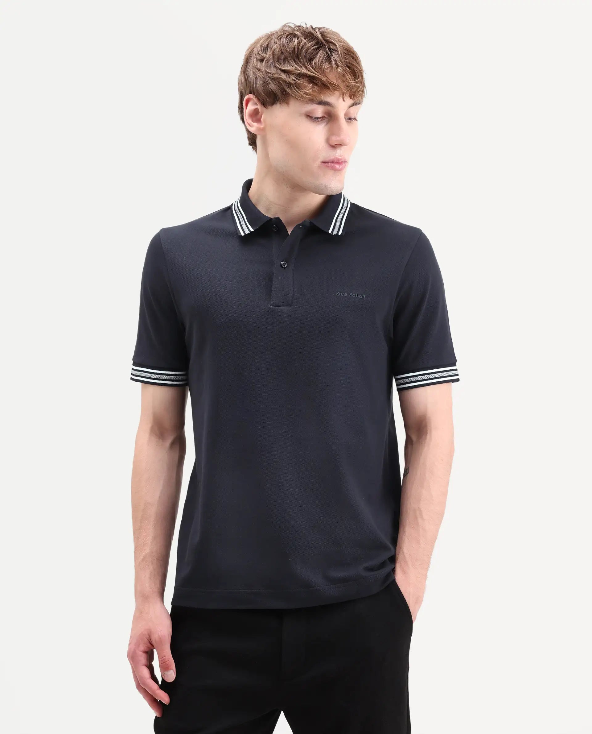 Rare Rabbit Men's Nega Navy Cotton Blend Fabric Half Sleeve Spread Collar Regular Fit Plain Polo