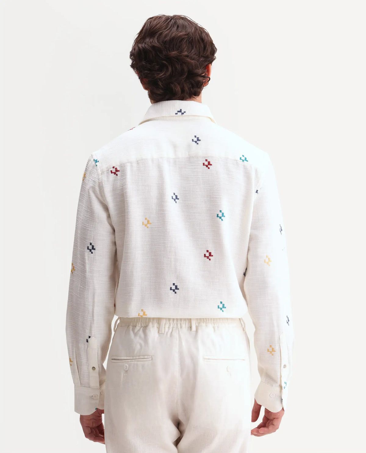 Rare Rabbit Men's Pots Off-White Cotton Regular Long Sleeve Embroidered Shirt