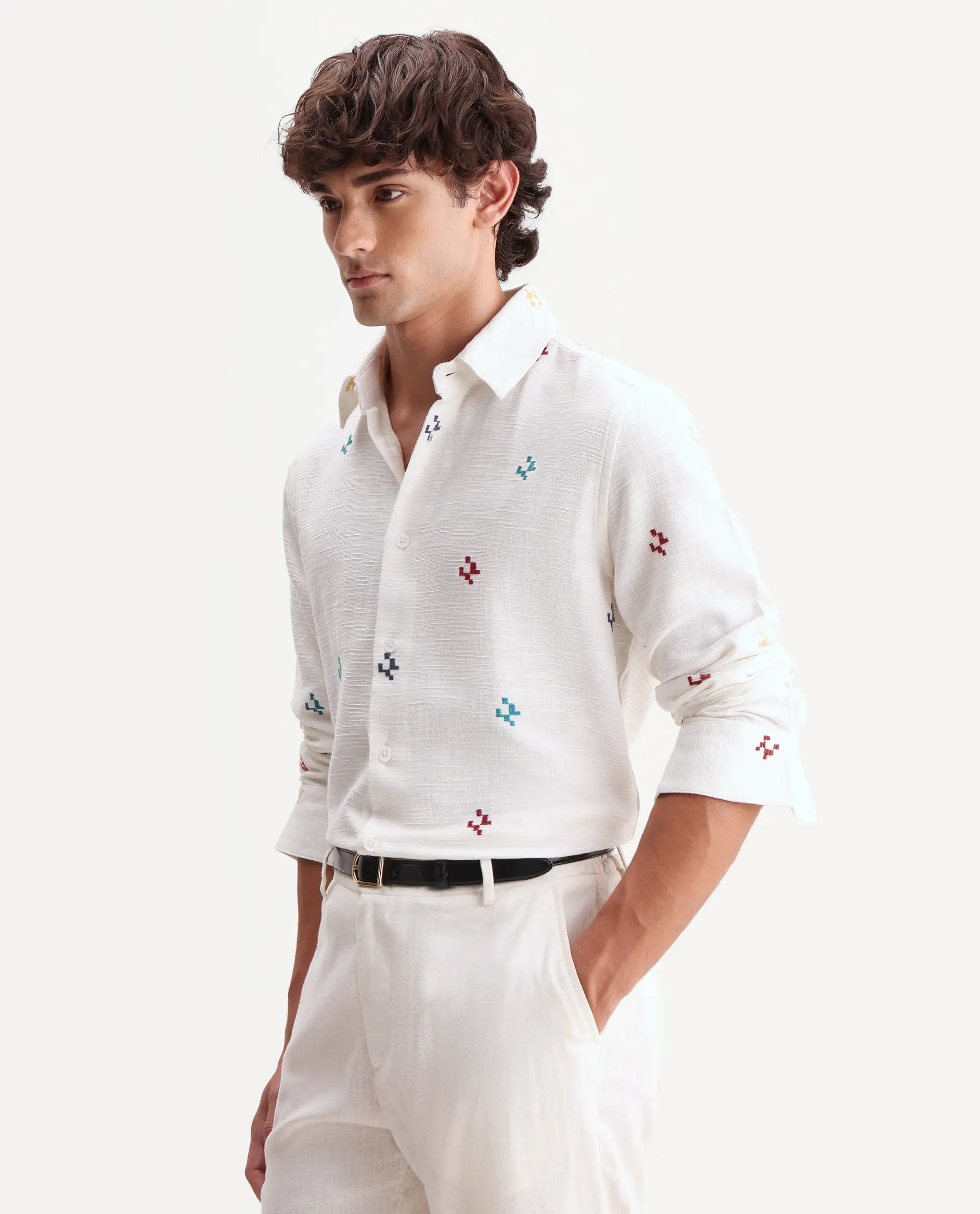 Rare Rabbit Men's Pots Off-White Cotton Regular Long Sleeve Embroidered Shirt