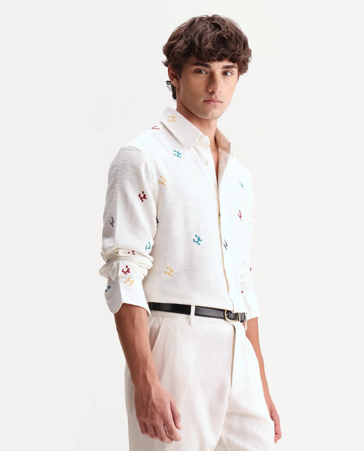 Rare Rabbit Men's Pots Off-White Cotton Regular Long Sleeve Embroidered Shirt
