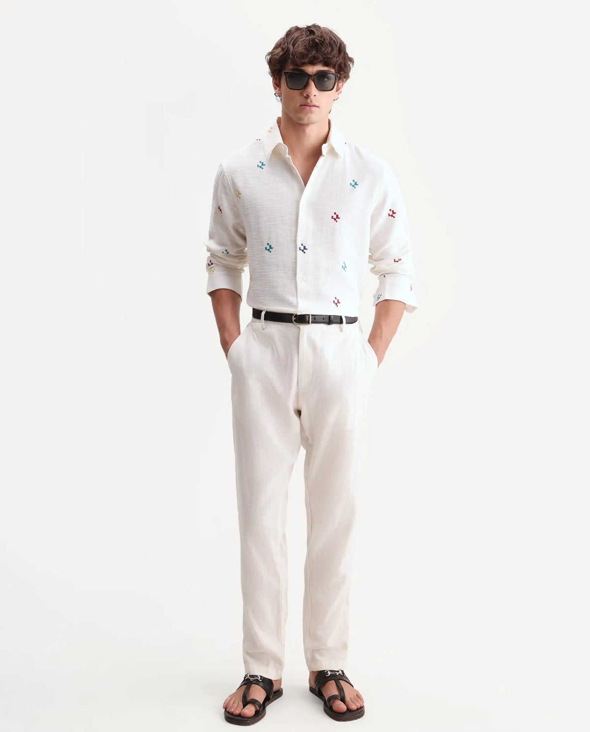 Rare Rabbit Men's Pots Off-White Cotton Regular Long Sleeve Embroidered Shirt