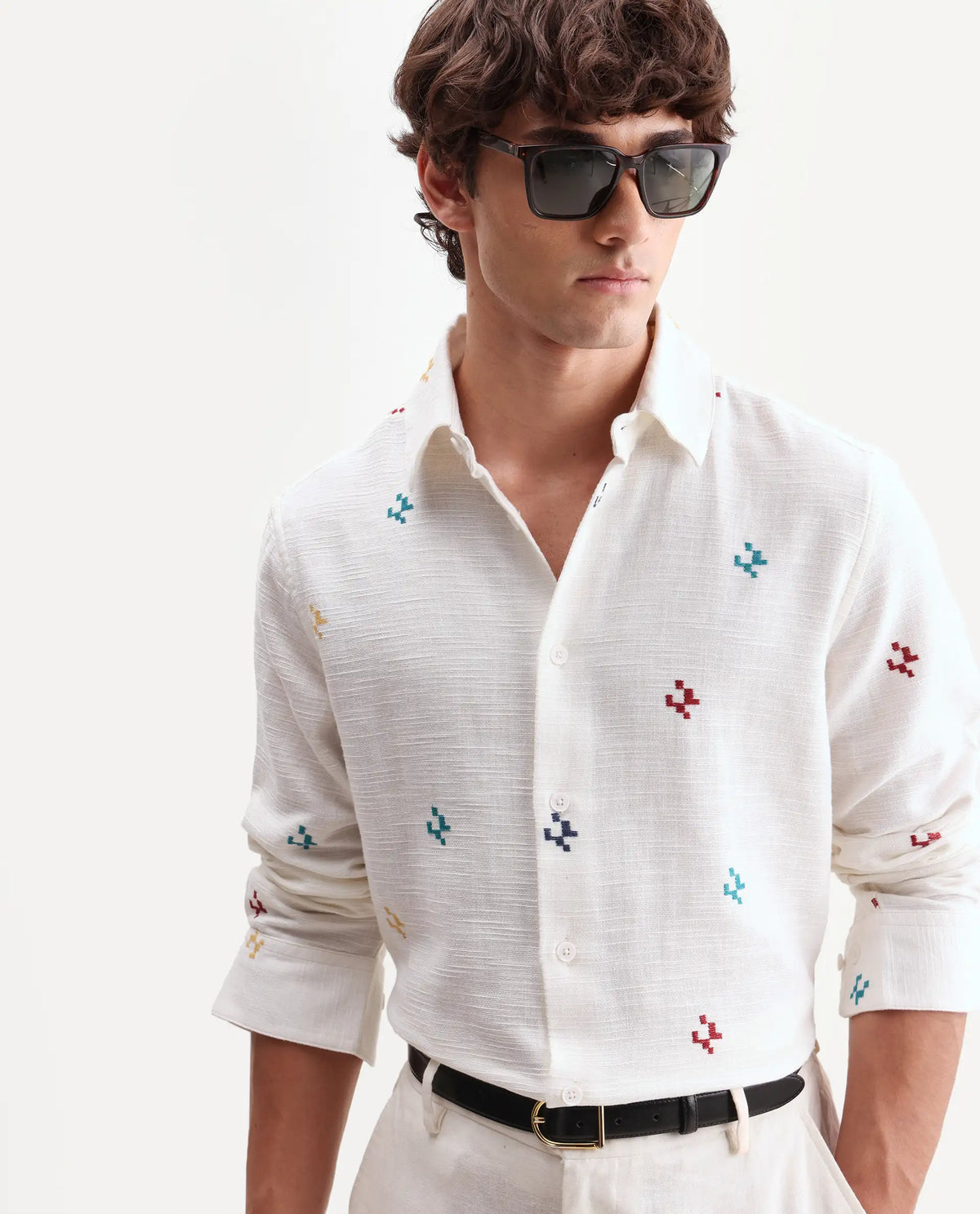 Rare Rabbit Men's Pots Off-White Cotton Regular Long Sleeve Embroidered Shirt