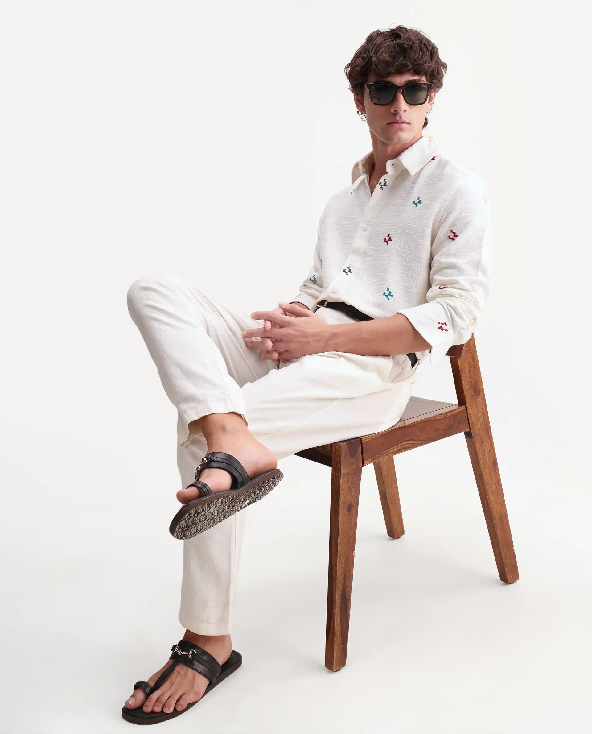 Rare Rabbit Men's Pots Off-White Cotton Regular Long Sleeve Embroidered Shirt