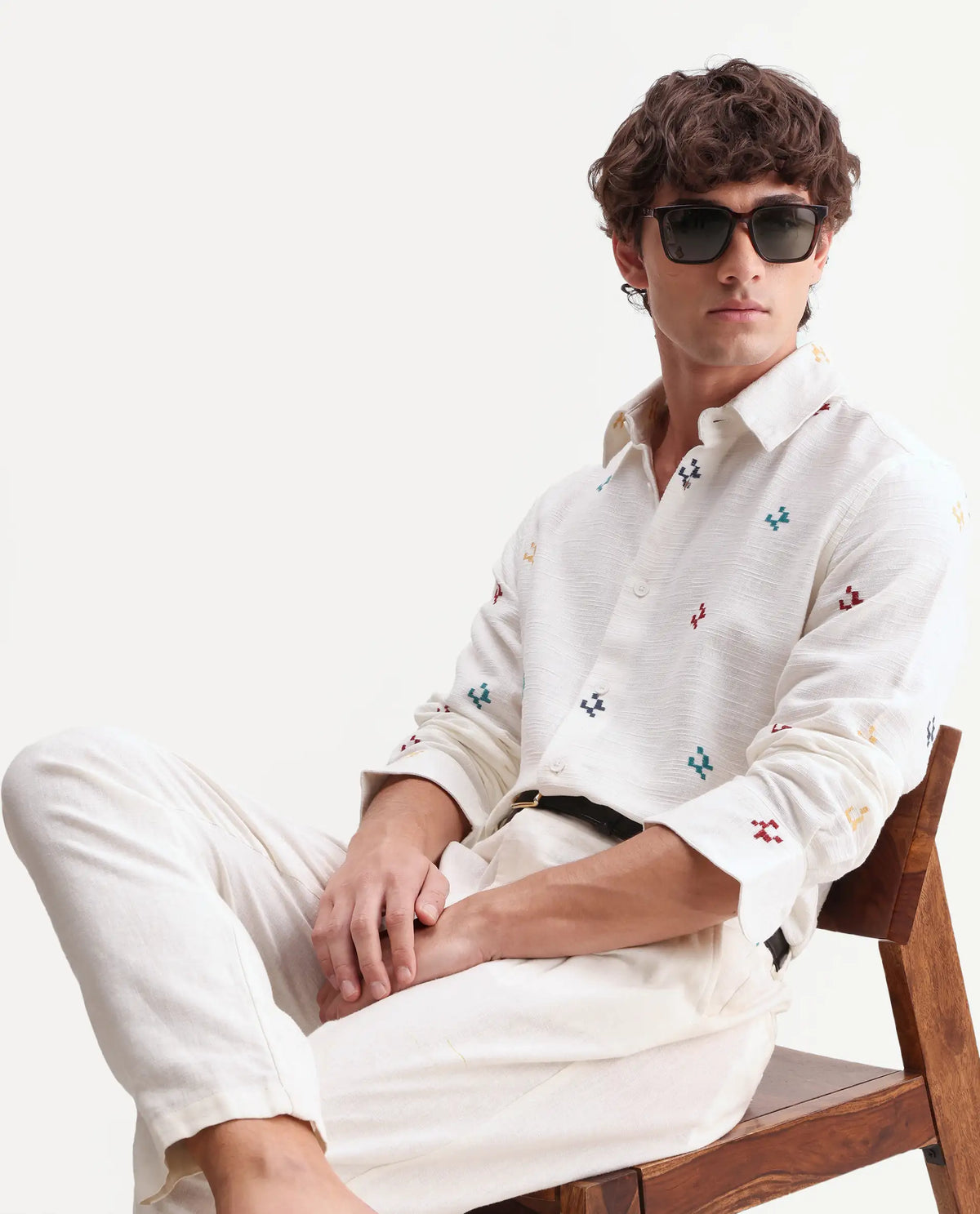 Rare Rabbit Men's Pots Off-White Cotton Regular Long Sleeve Embroidered Shirt