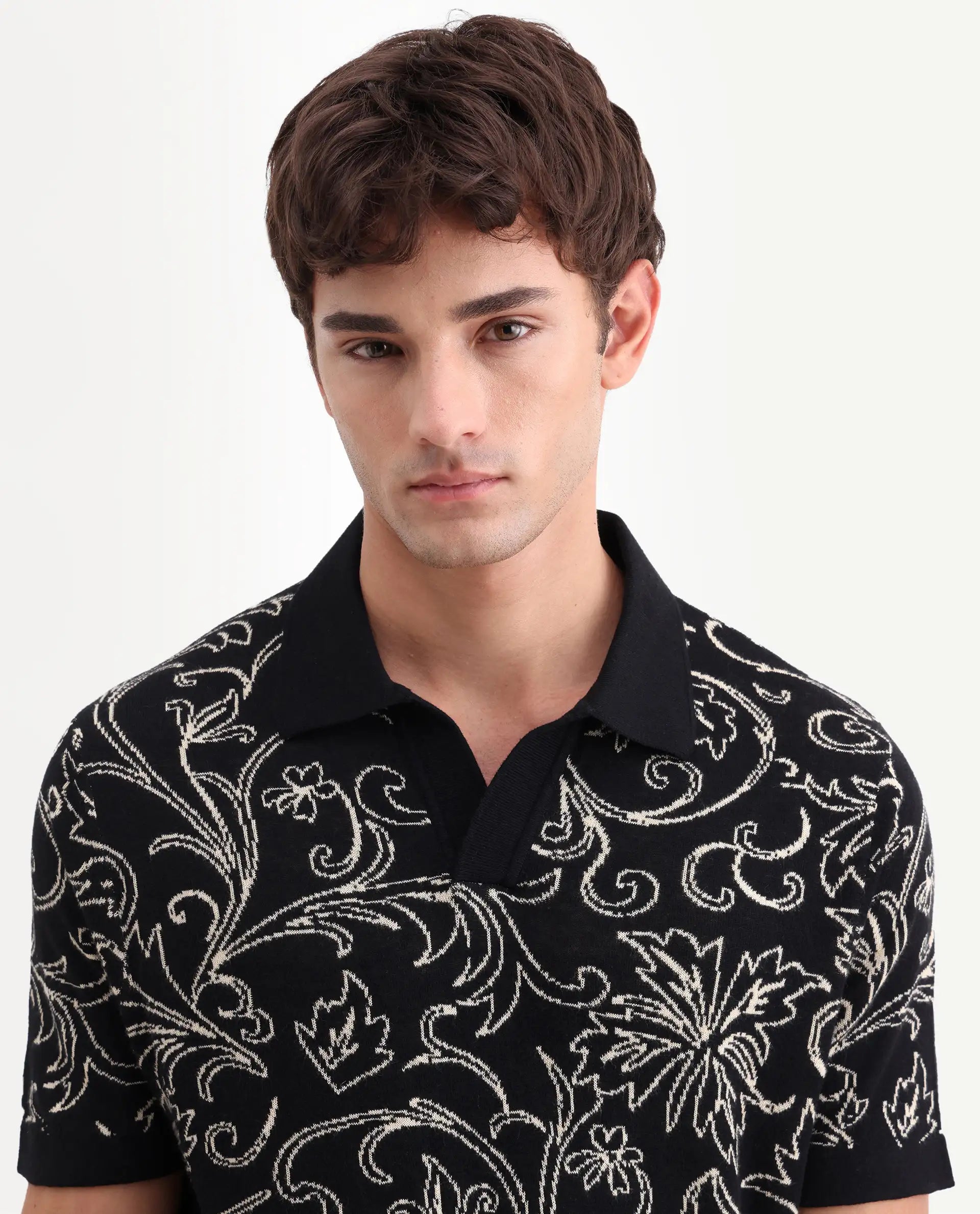 Rare Rabbit Men's Etao Black Cotton Blend Jonny Collar Regular Jacquard Polo