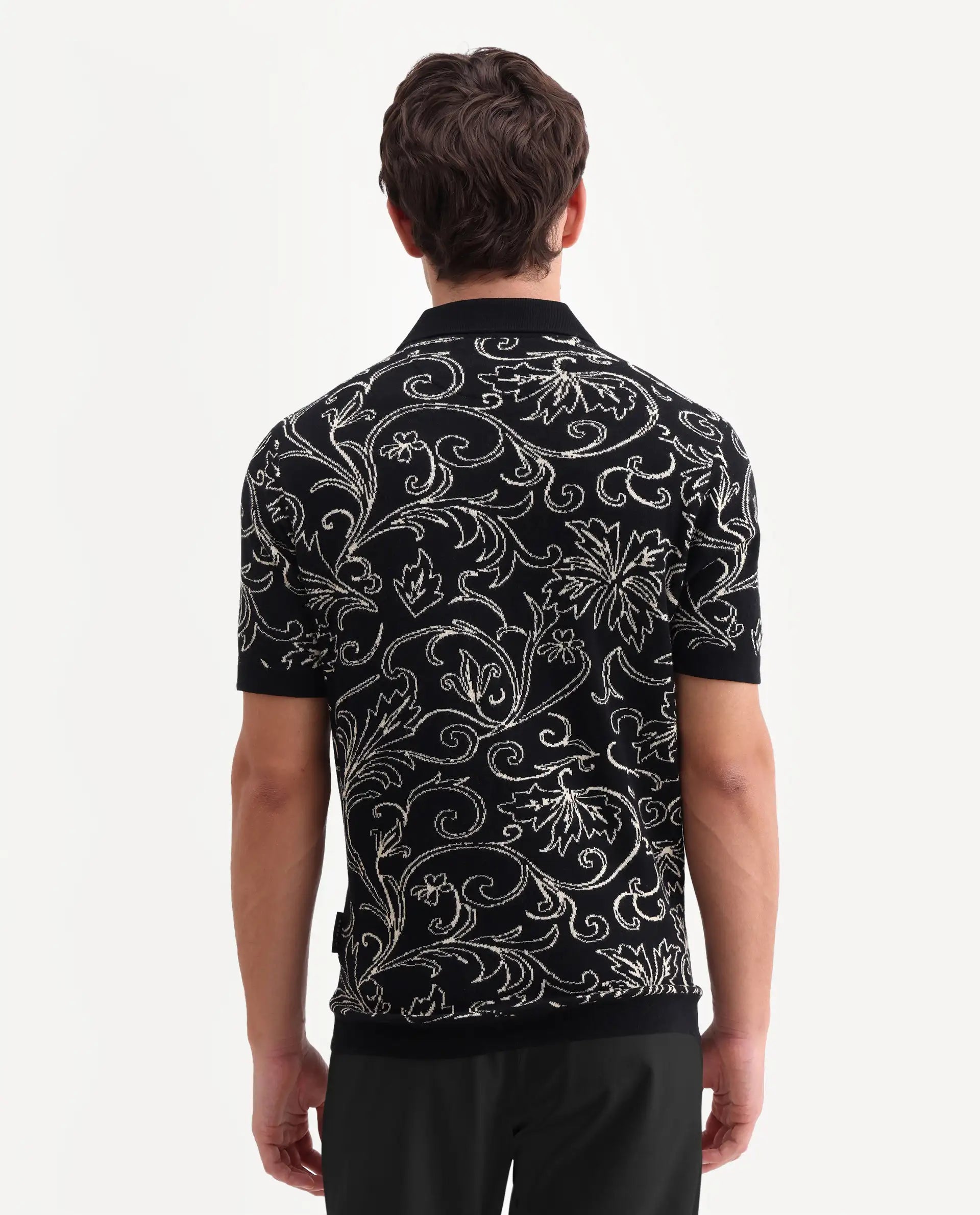 Rare Rabbit Men's Etao Black Cotton Blend Jonny Collar Regular Jacquard Polo