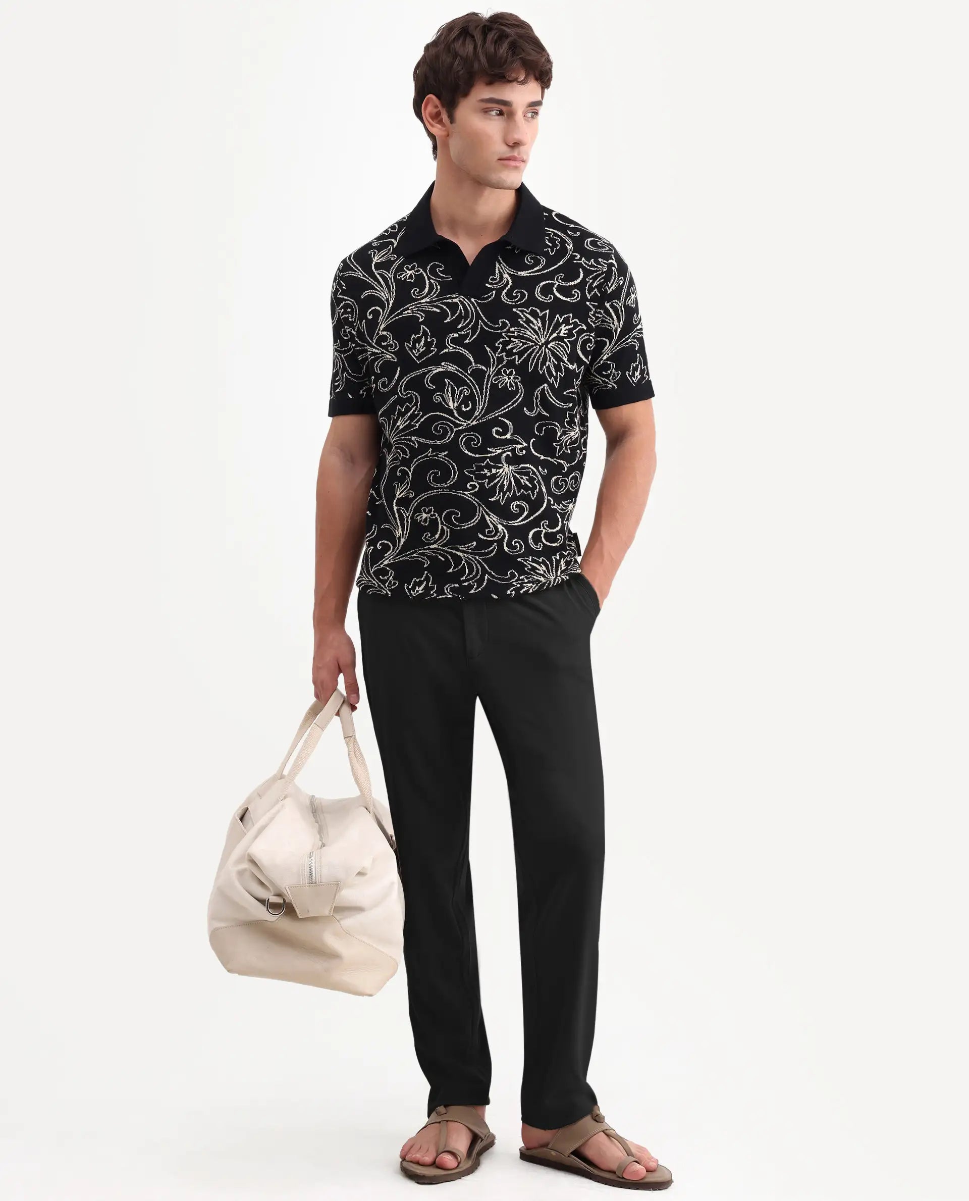 Rare Rabbit Men's Etao Black Cotton Blend Jonny Collar Regular Jacquard Polo