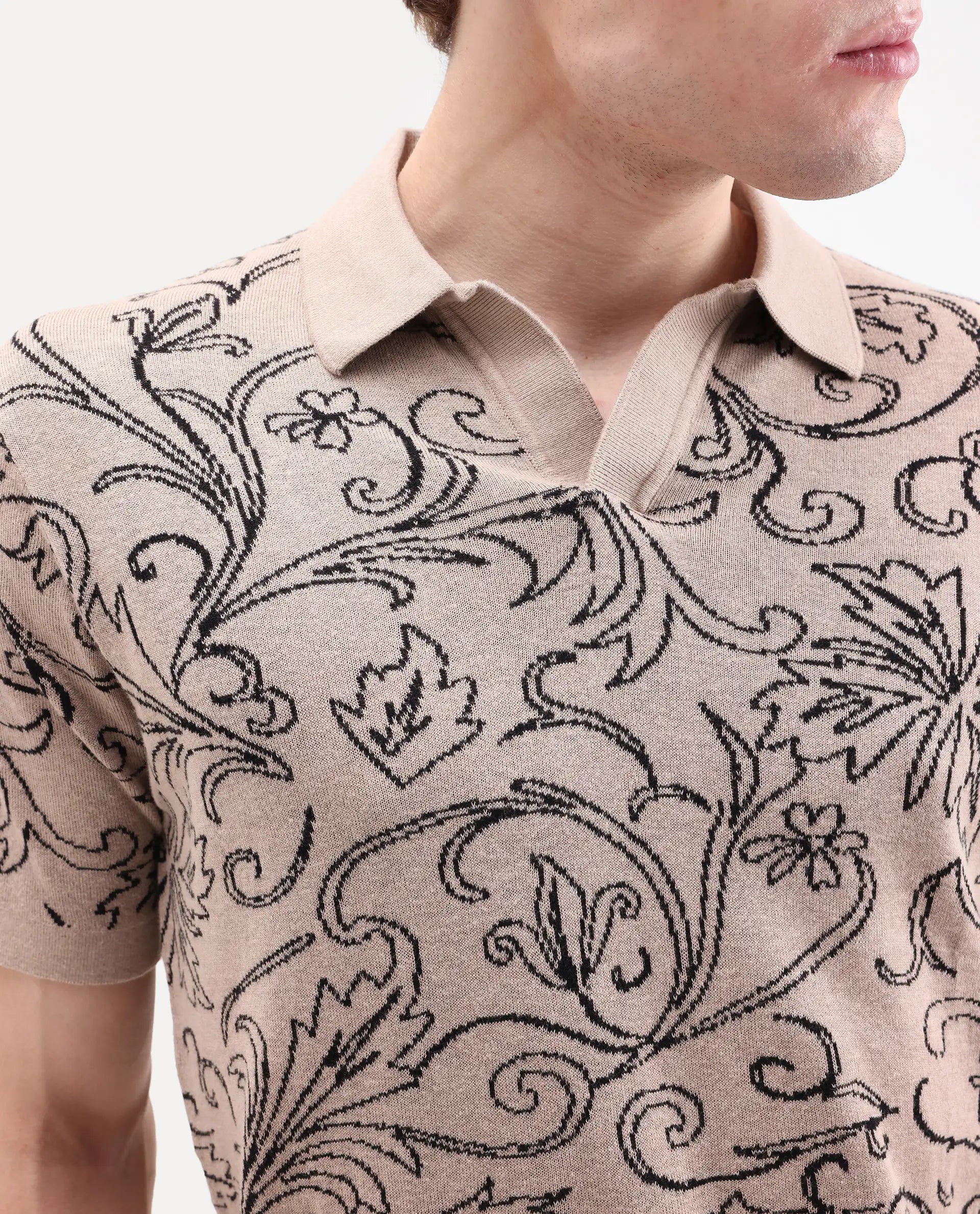 Rare Rabbit Men's Etao Beige Cotton Blend Jonny Collar Regular Jacquard Polo