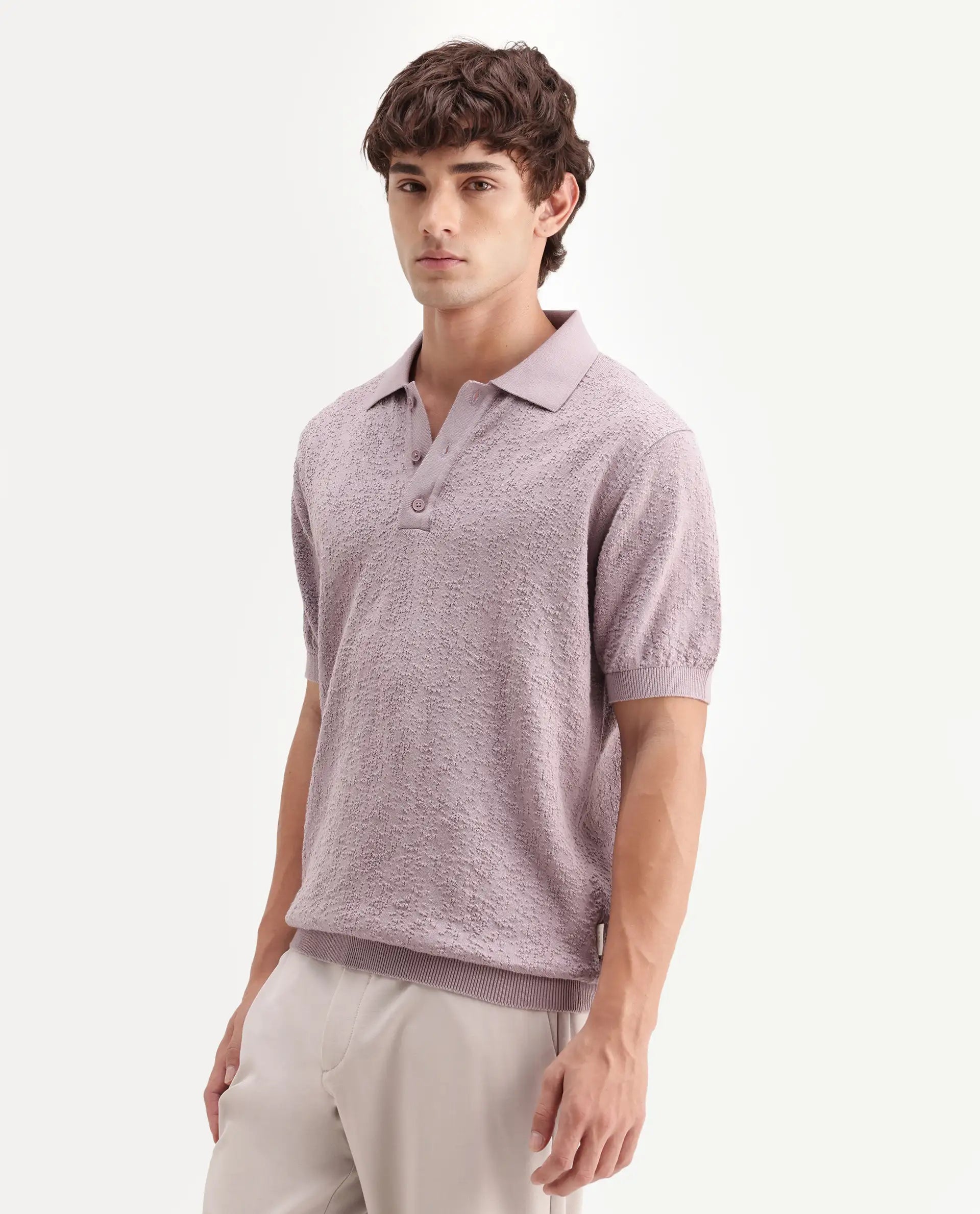 Rare Rabbit Men's Mont Dusky Purple Cotton Spread Collar Button Closure Regular Fit Textured Polo