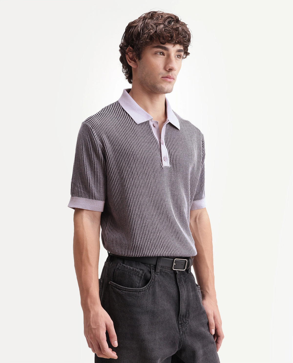 Rare Rabbit Men's Hof Dusky Purple Cotton Spread Collar Button Regular Striped Polo