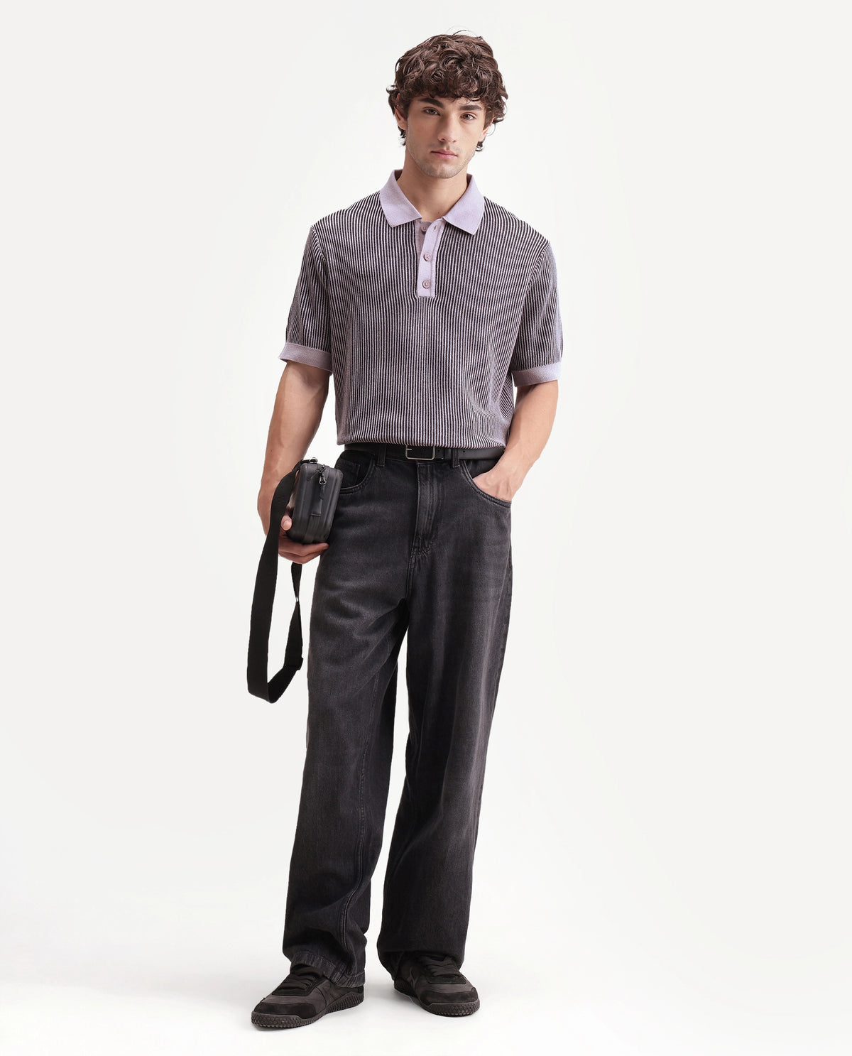 Rare Rabbit Men's Hof Dusky Purple Cotton Spread Collar Button Regular Striped Polo