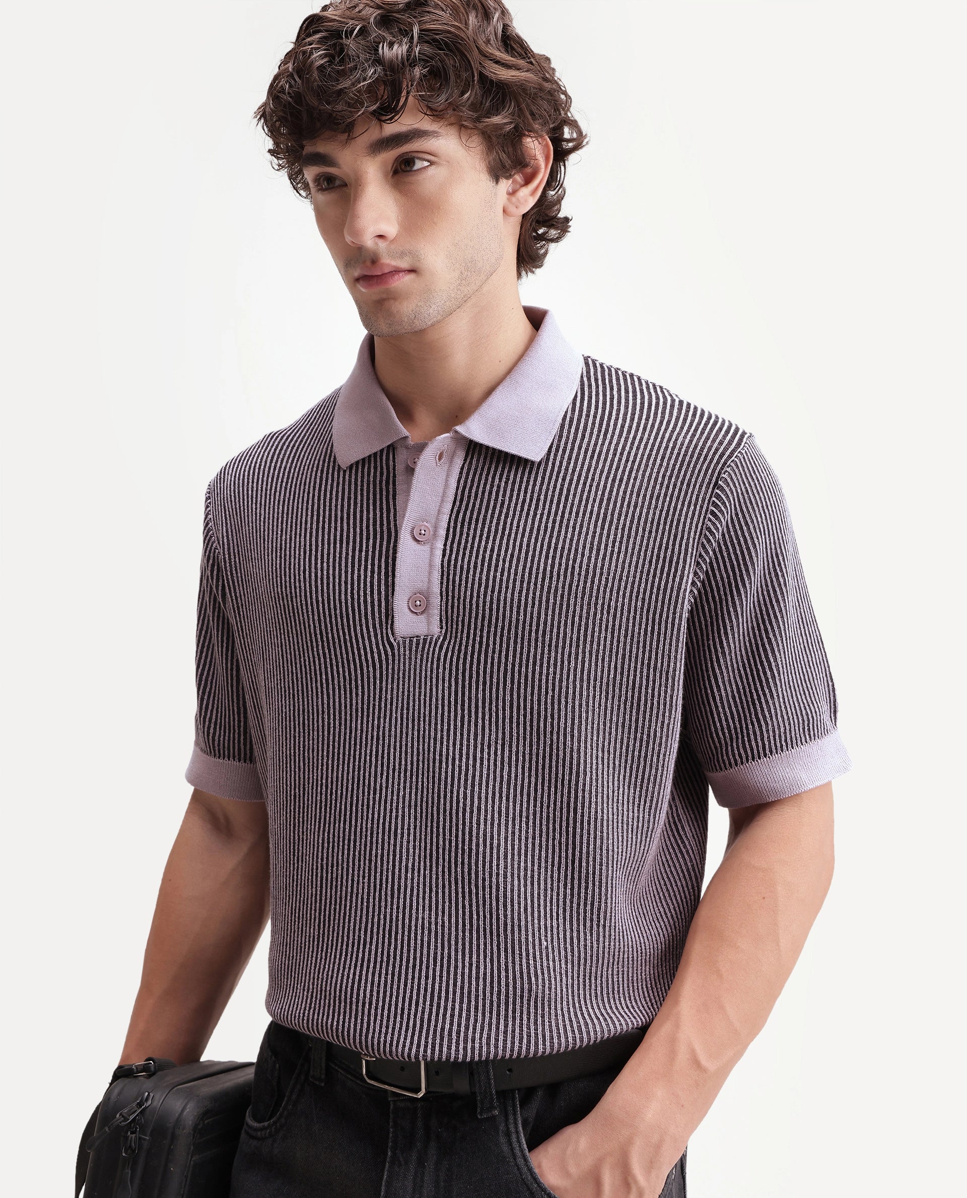 Rare Rabbit Men's Hof Dusky Purple Cotton Spread Collar Button Regular Striped Polo