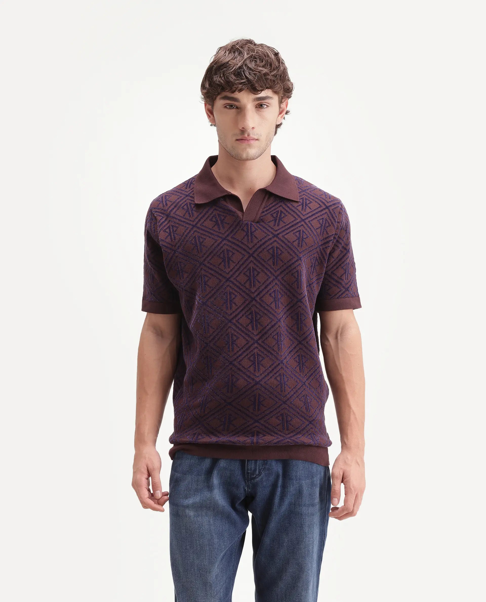 Rare Rabbit Men's Rene Dark Brown Cotton Blend Johnny Collar Regular Jacquard Polo