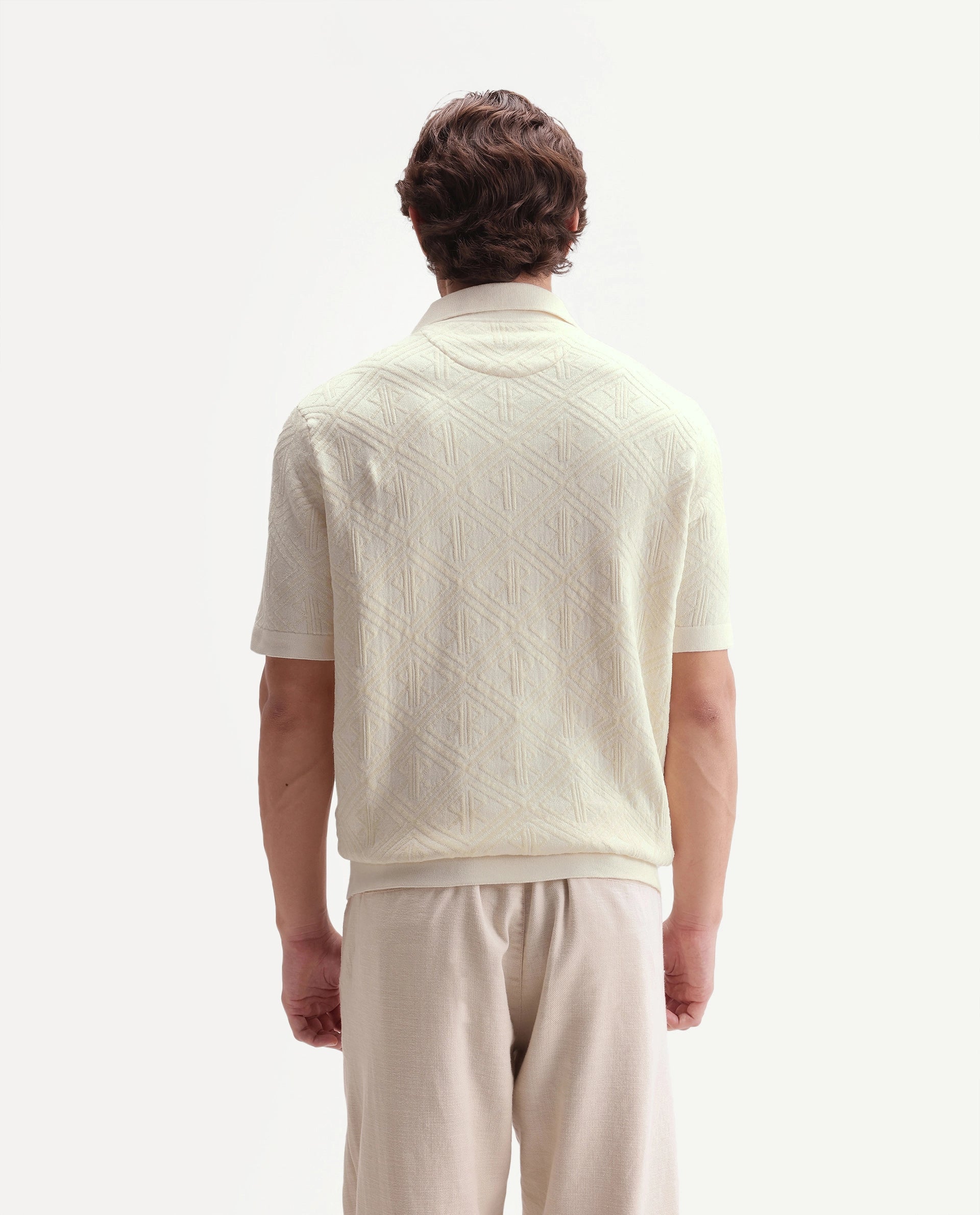 Rare Rabbit Men's Rene White Cotton Blend Johnny Collar Regular Jacquard Polo
