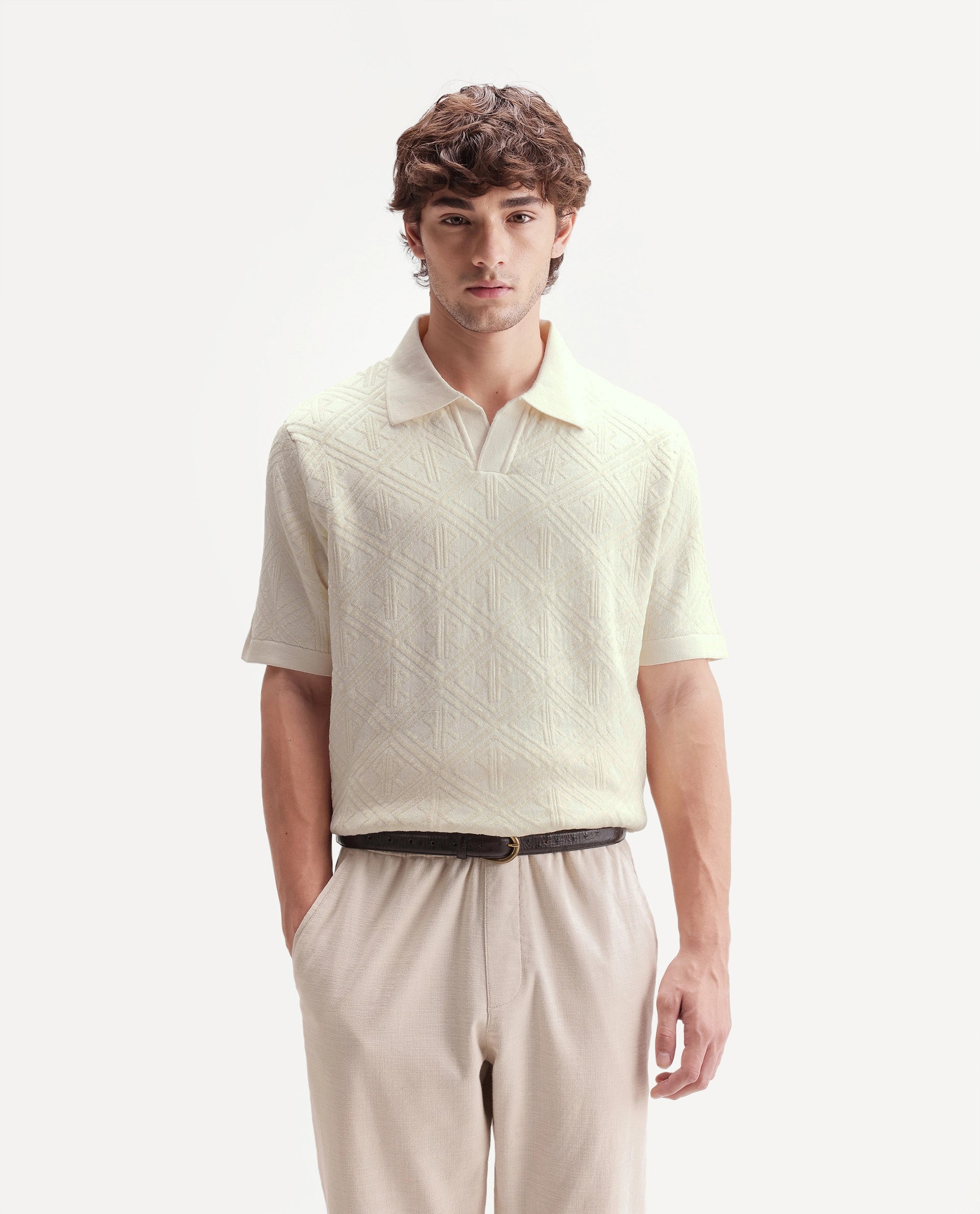 Rare Rabbit Men's Rene White Cotton Blend Johnny Collar Regular Jacquard Polo