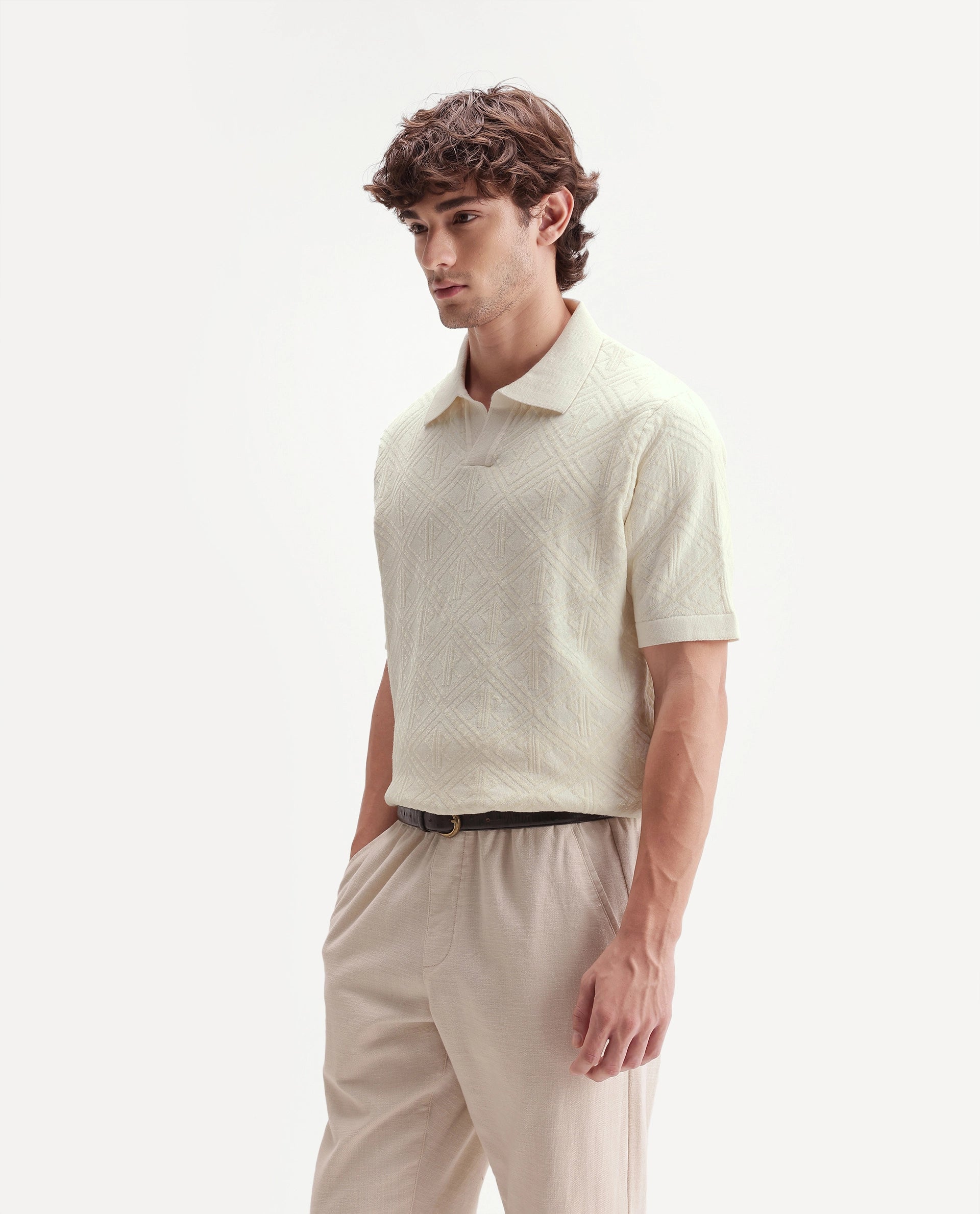 Rare Rabbit Men's Rene White Cotton Blend Johnny Collar Regular Jacquard Polo