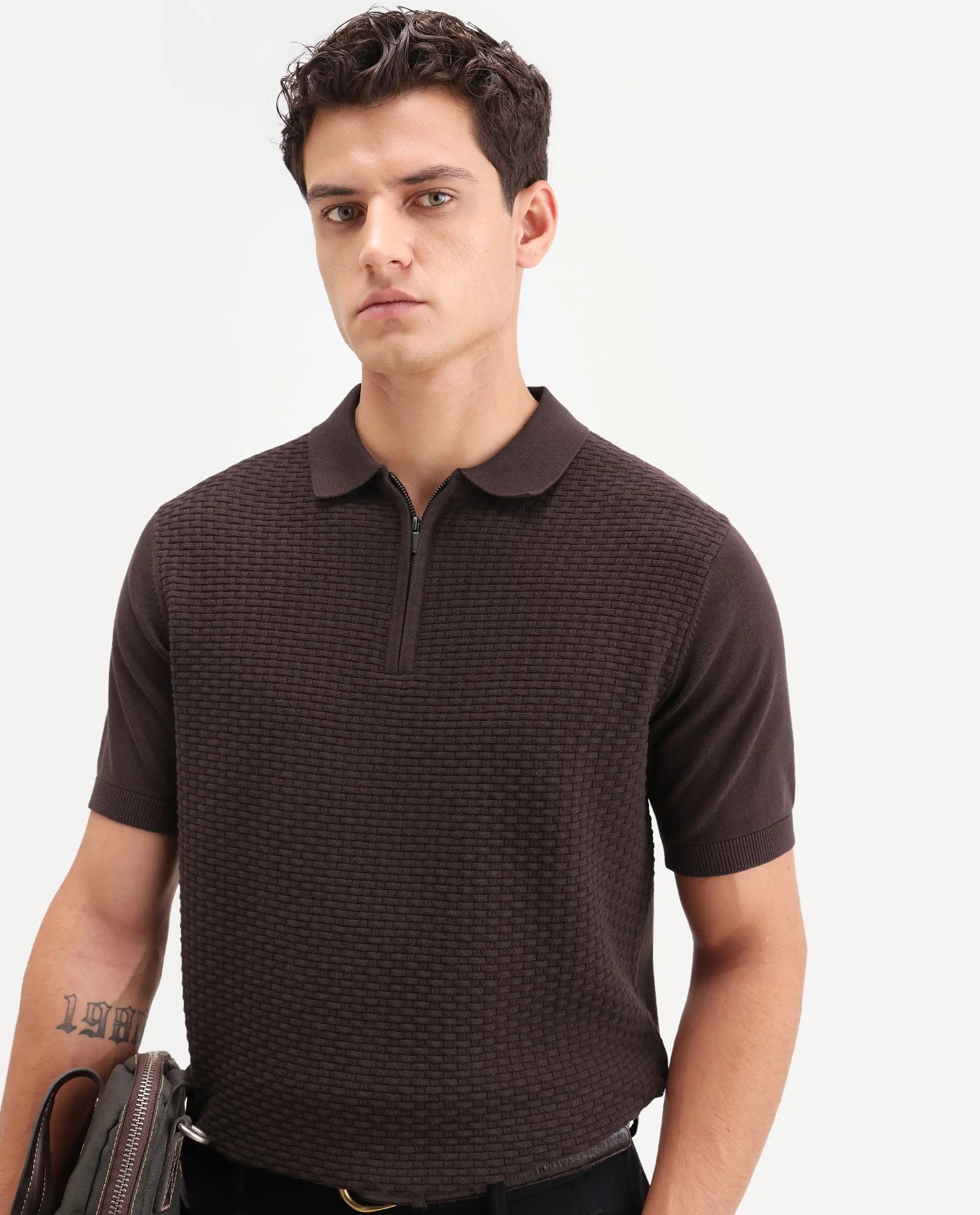 Rare Rabbit Men's Corsin Brown Cotton Fabric Half Sleeve Spread Collar Regular Fit Textured Polo