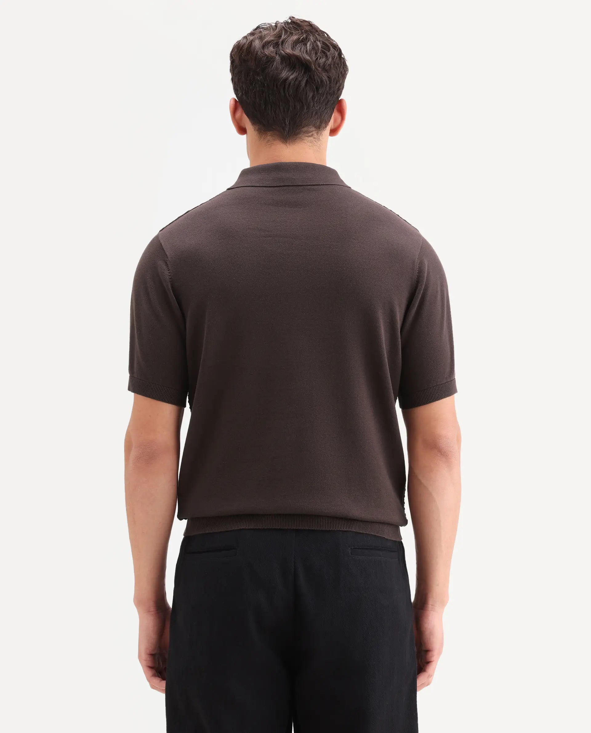 Rare Rabbit Men's Corsin Brown Cotton Fabric Half Sleeve Spread Collar Regular Fit Textured Polo