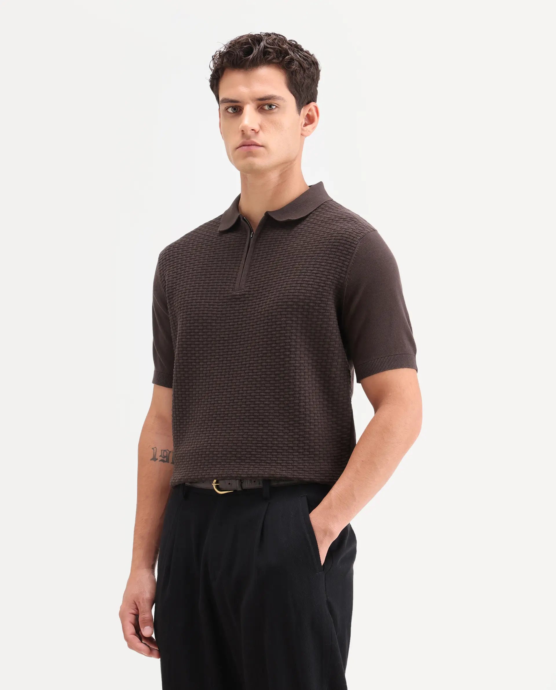 Rare Rabbit Men's Corsin Brown Cotton Fabric Half Sleeve Spread Collar Regular Fit Textured Polo