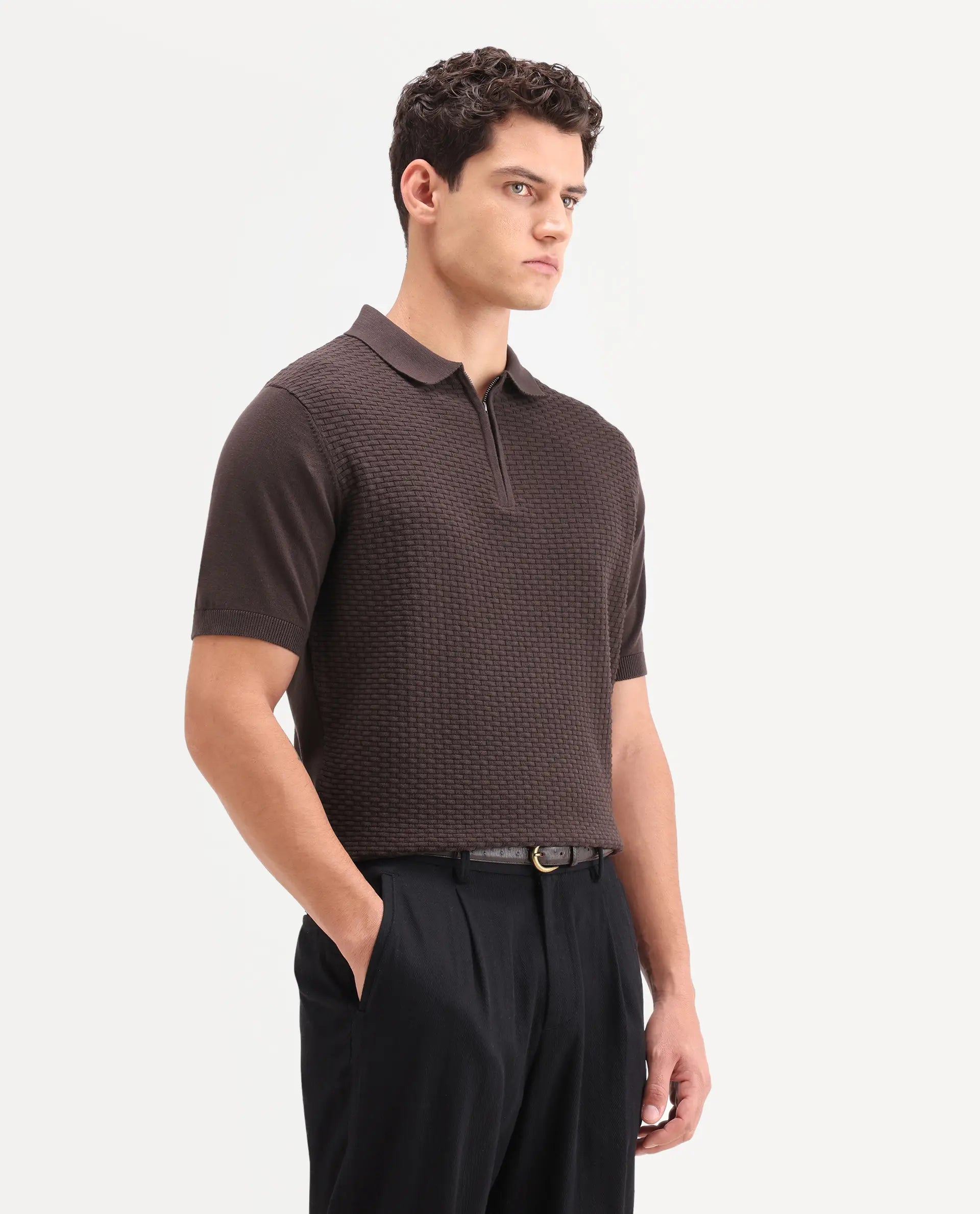 Rare Rabbit Men's Corsin Brown Cotton Fabric Half Sleeve Spread Collar Regular Fit Textured Polo
