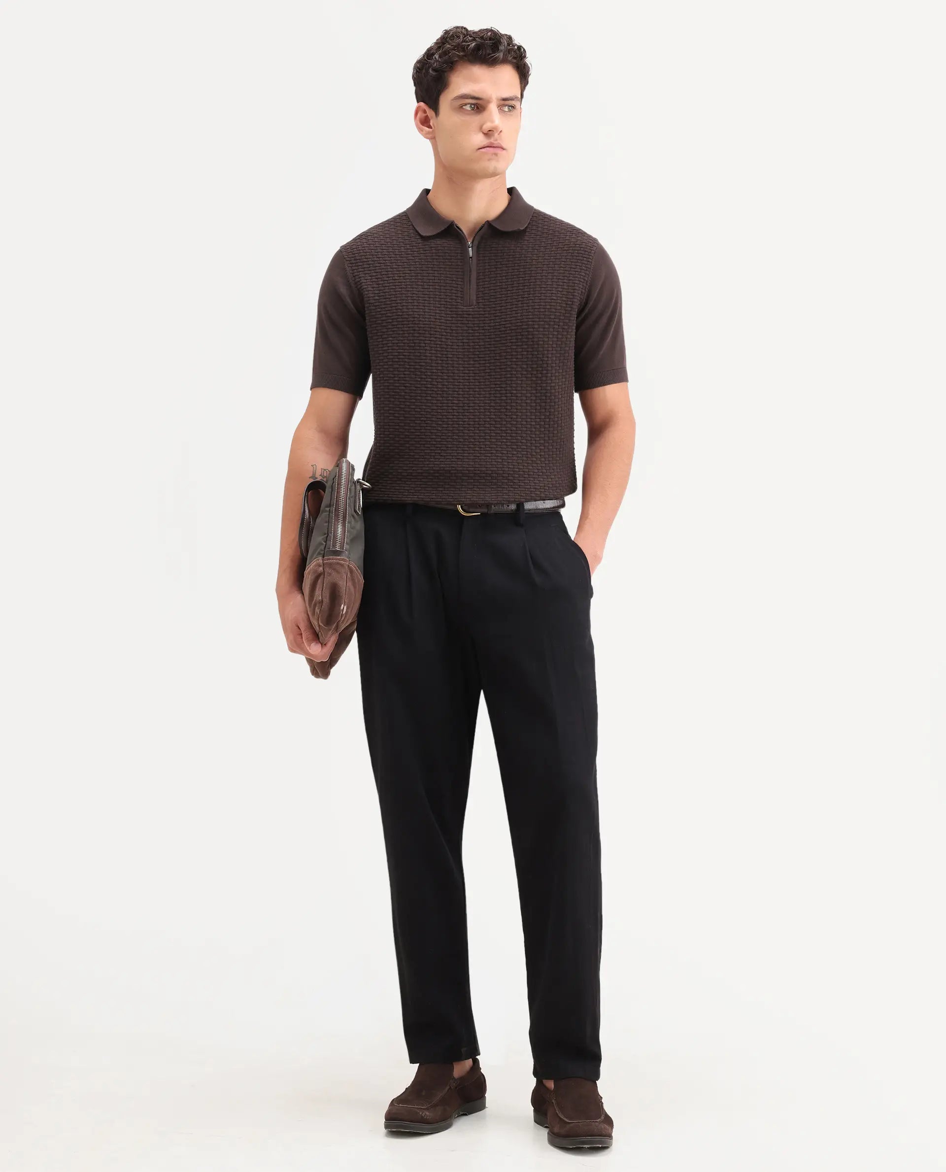 Rare Rabbit Men's Corsin Brown Cotton Fabric Half Sleeve Spread Collar Regular Fit Textured Polo