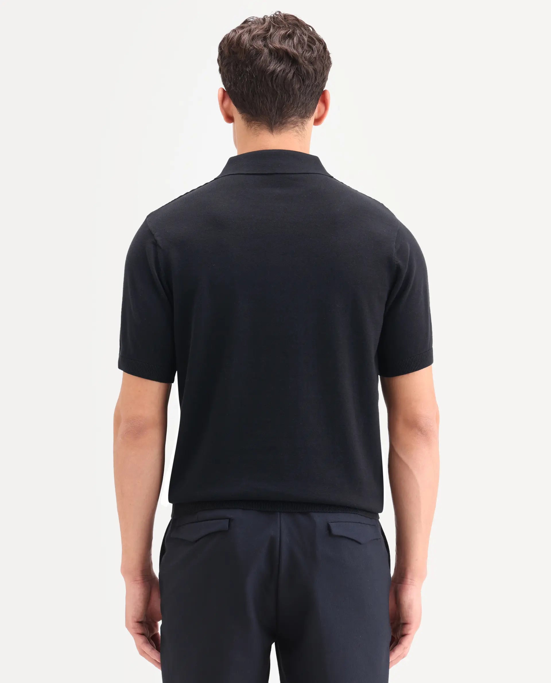 Rare Rabbit Men's Corsin Black Cotton Fabric Half Sleeve Spread Collar Regular Fit Textured Polo