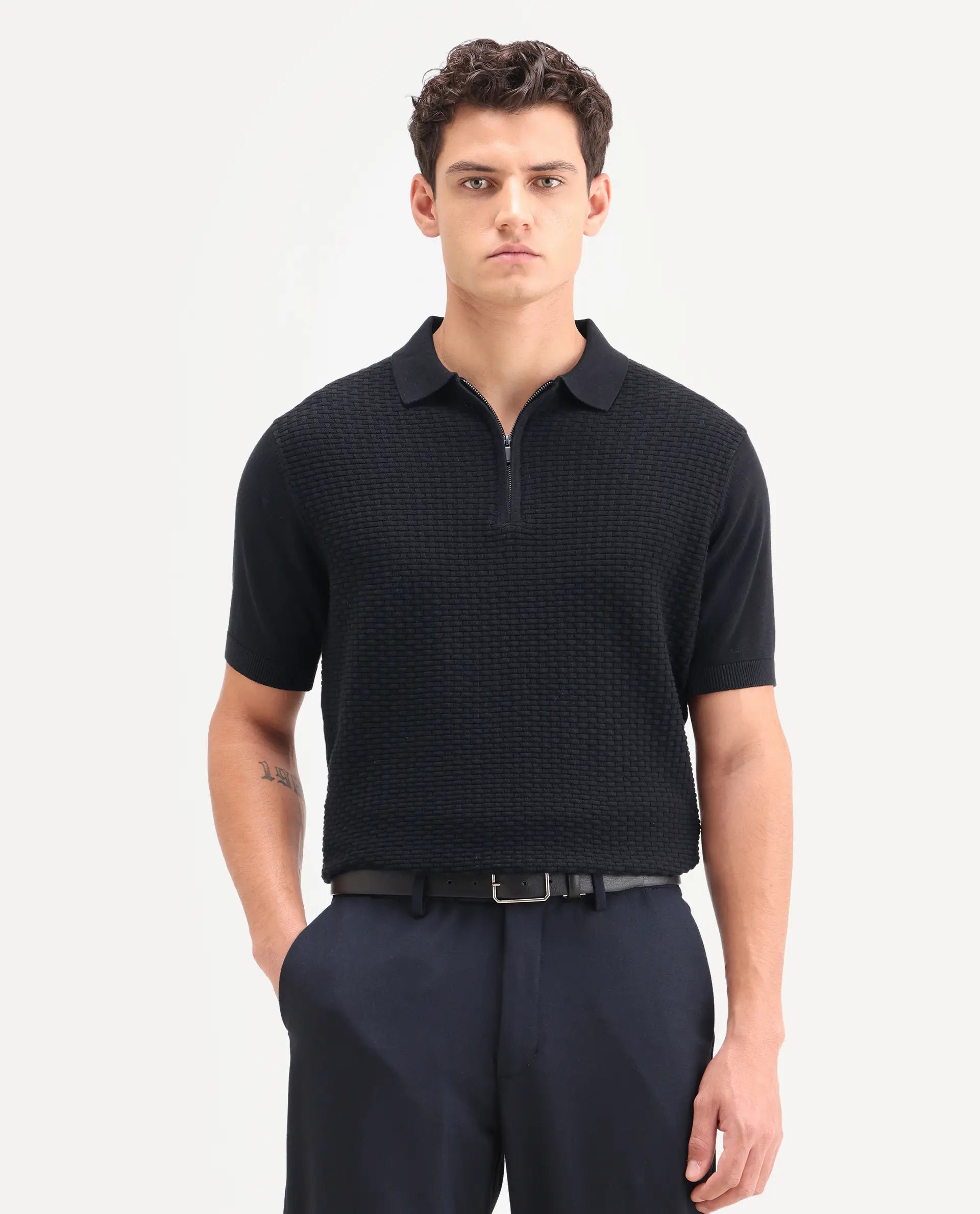 Rare Rabbit Men's Corsin Black Cotton Fabric Half Sleeve Spread Collar Regular Fit Textured Polo