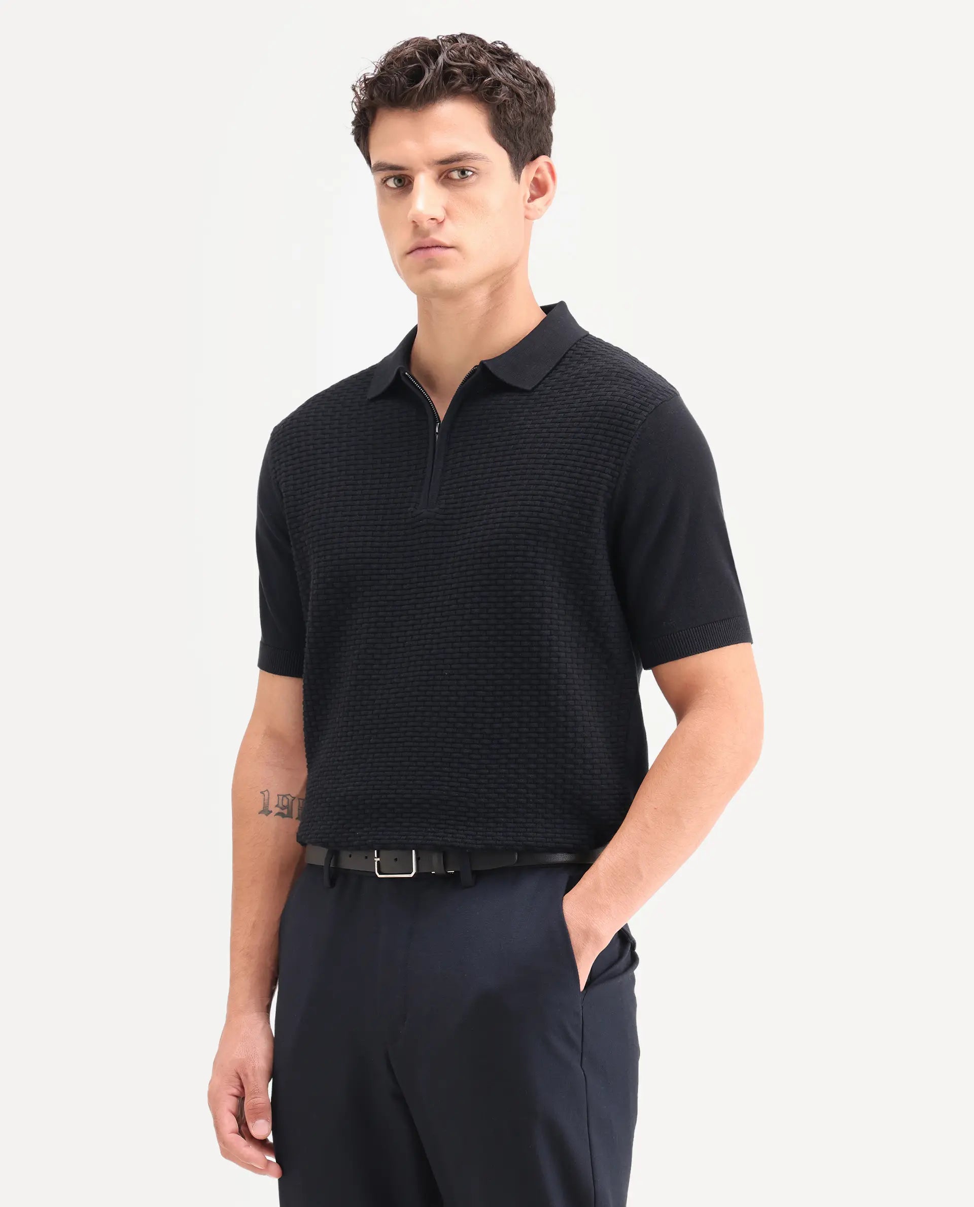 Rare Rabbit Men's Corsin Black Cotton Fabric Half Sleeve Spread Collar Regular Fit Textured Polo