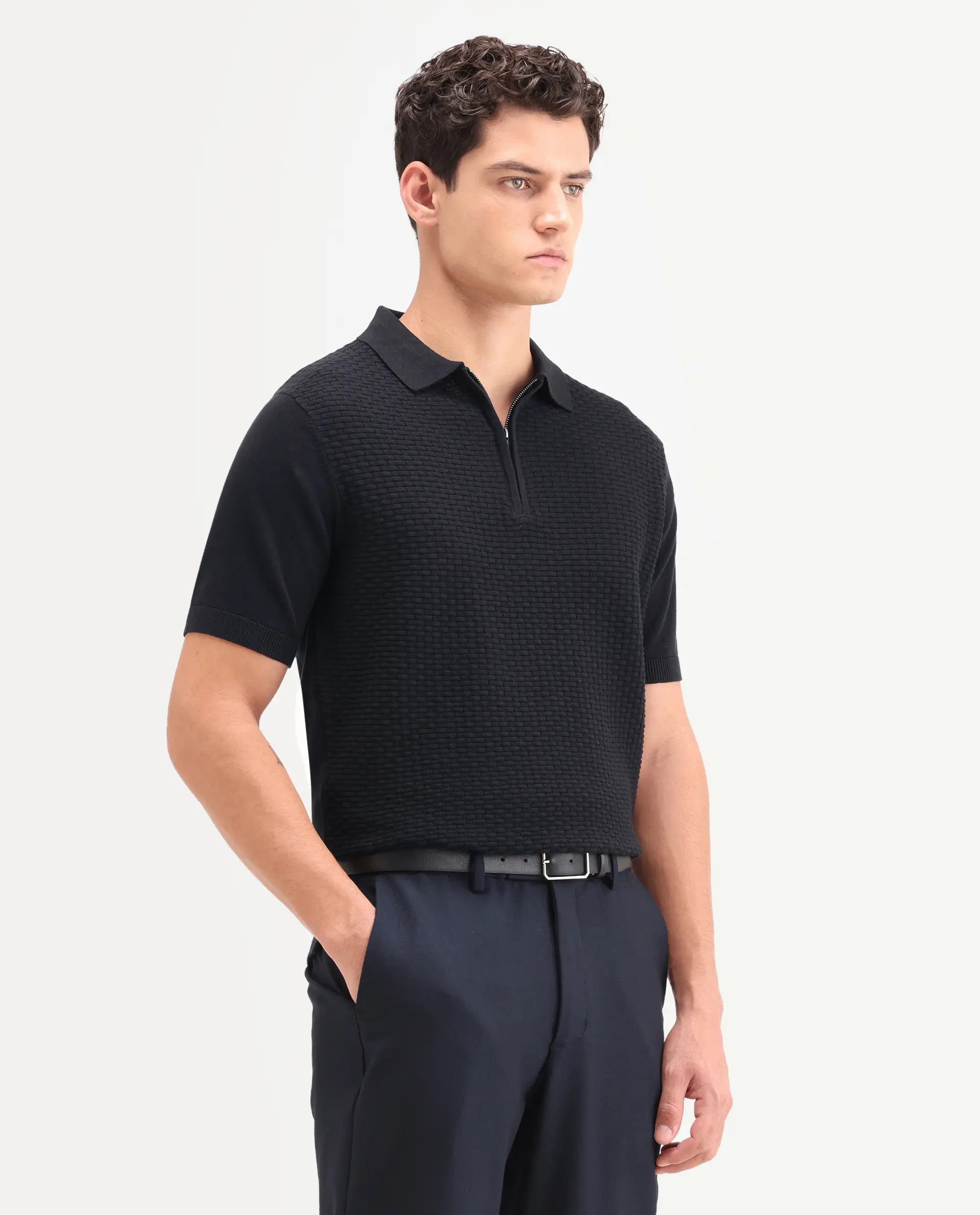 Rare Rabbit Men's Corsin Black Cotton Fabric Half Sleeve Spread Collar Regular Fit Textured Polo
