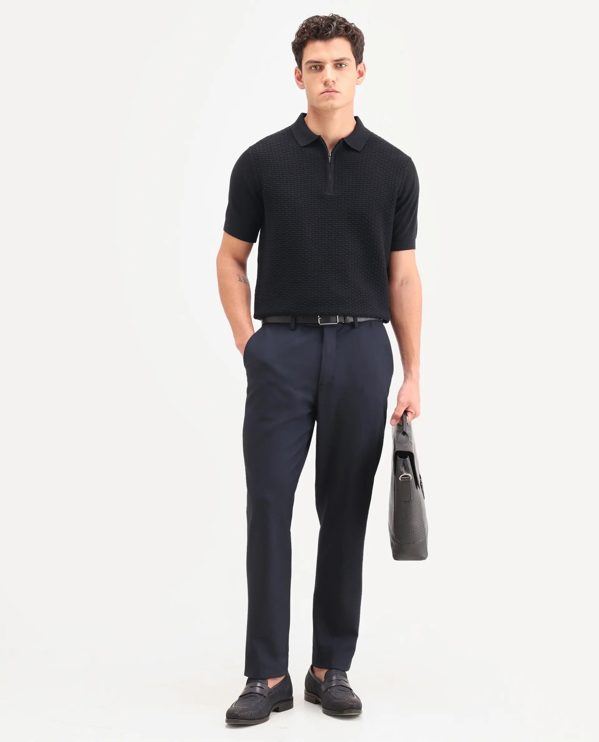 Rare Rabbit Men's Corsin Black Cotton Fabric Half Sleeve Spread Collar Regular Fit Textured Polo