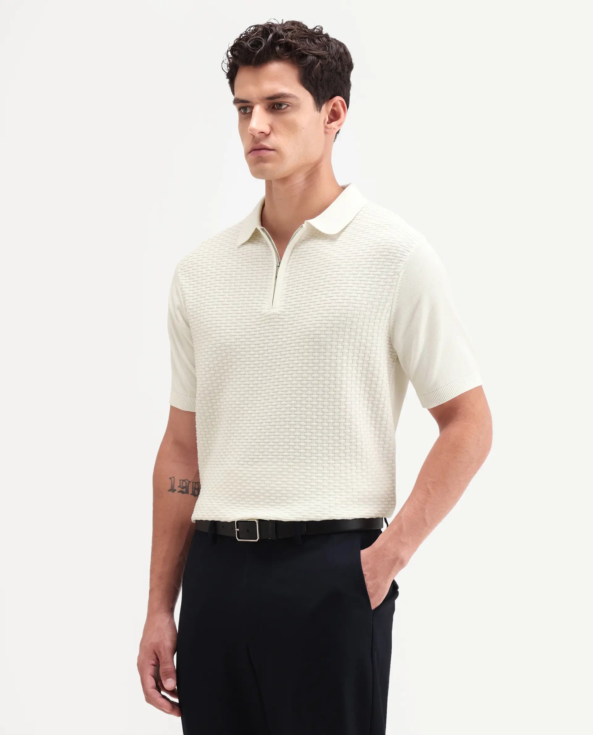 Rare Rabbit Men's Corsin White Cotton Fabric Half Sleeve Spread Collar Regular Fit Textured Polo