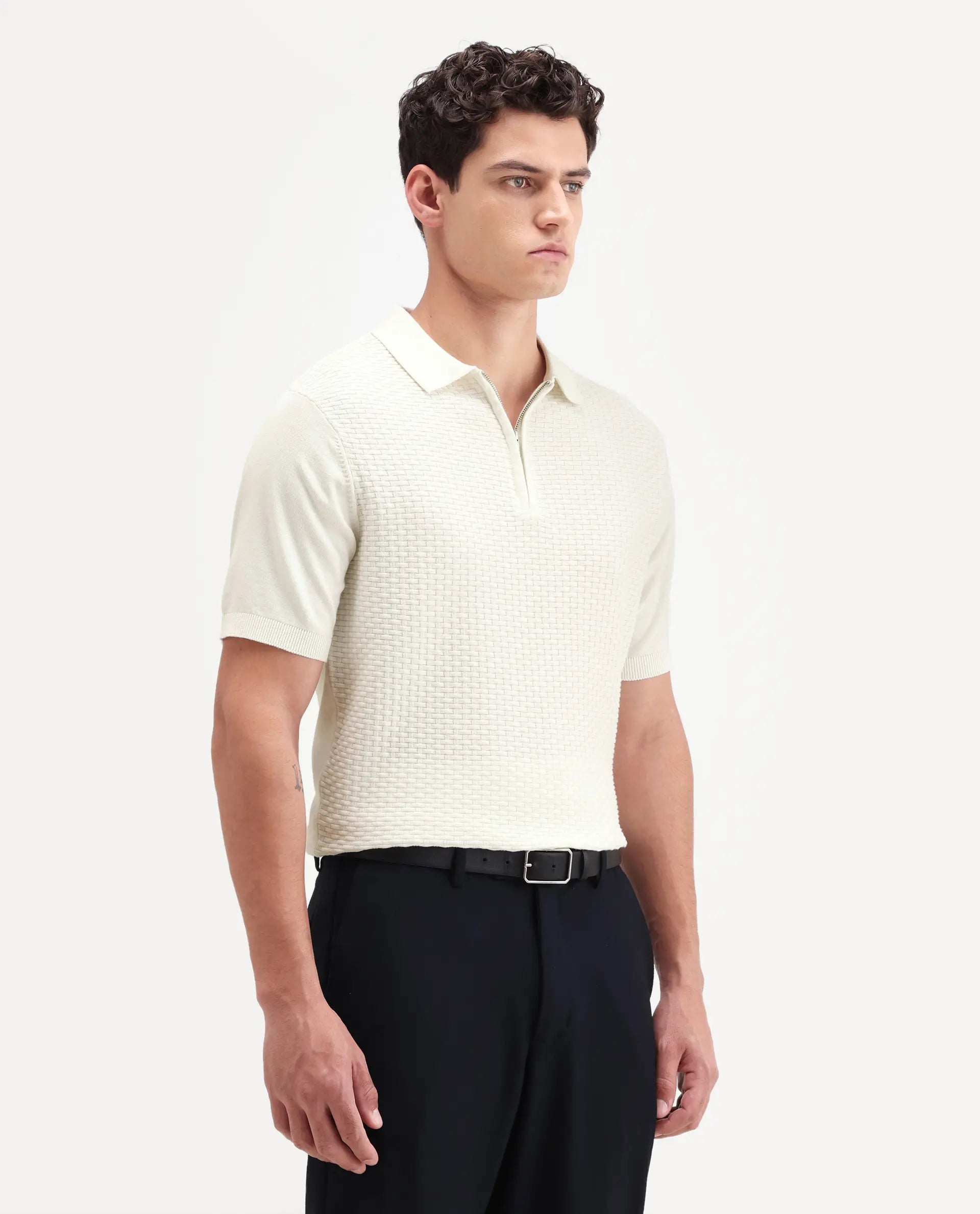 Rare Rabbit Men's Corsin White Cotton Fabric Half Sleeve Spread Collar Regular Fit Textured Polo