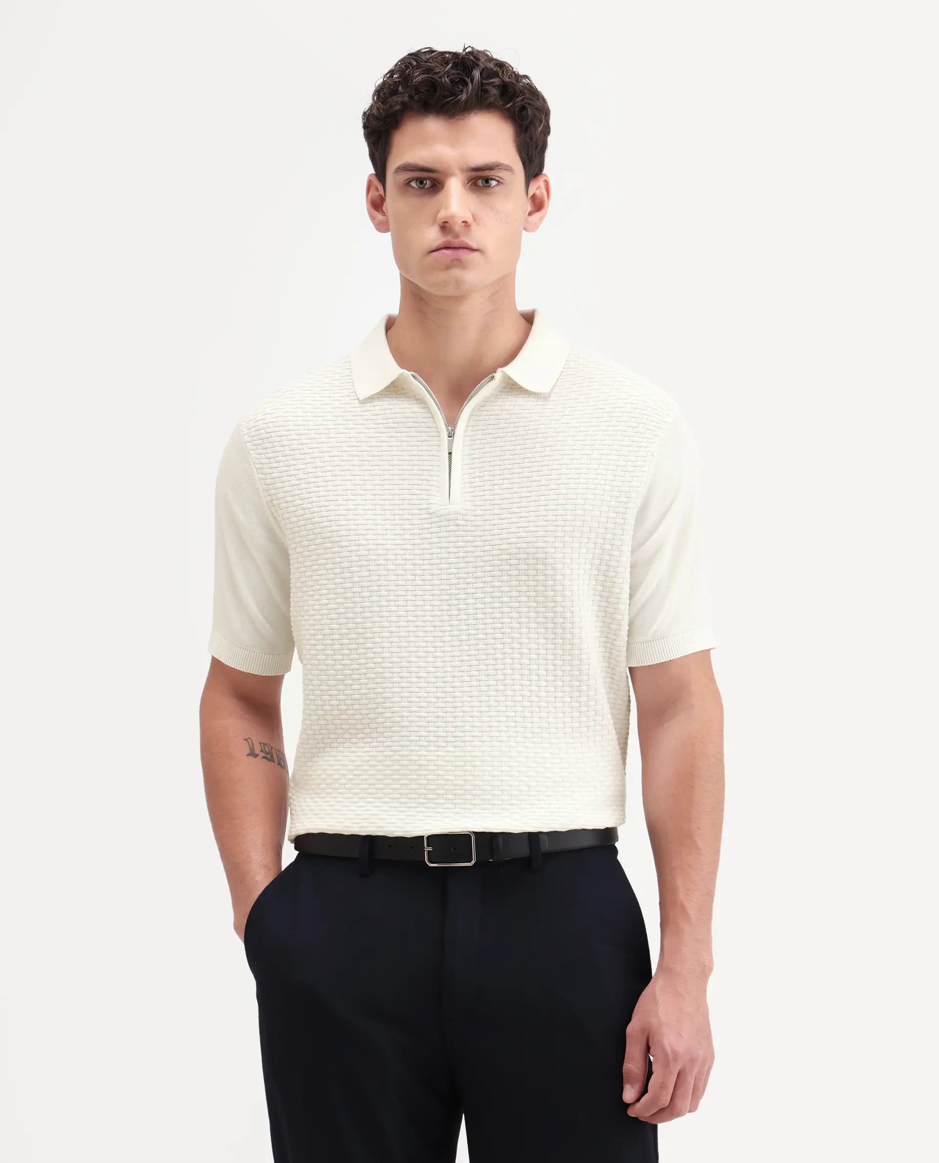 Rare Rabbit Men's Corsin White Cotton Fabric Half Sleeve Spread Collar Regular Fit Textured Polo