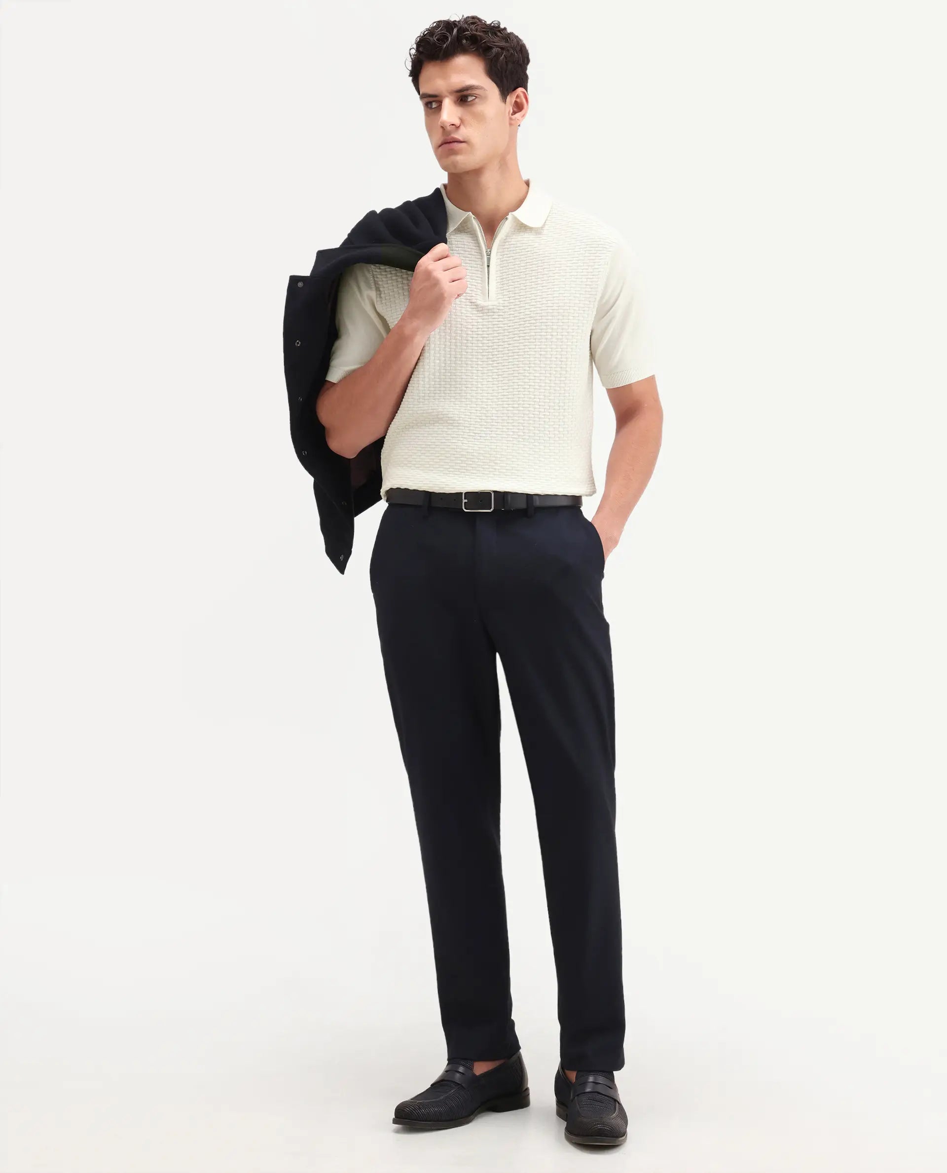 Rare Rabbit Men's Corsin White Cotton Fabric Half Sleeve Spread Collar Regular Fit Textured Polo
