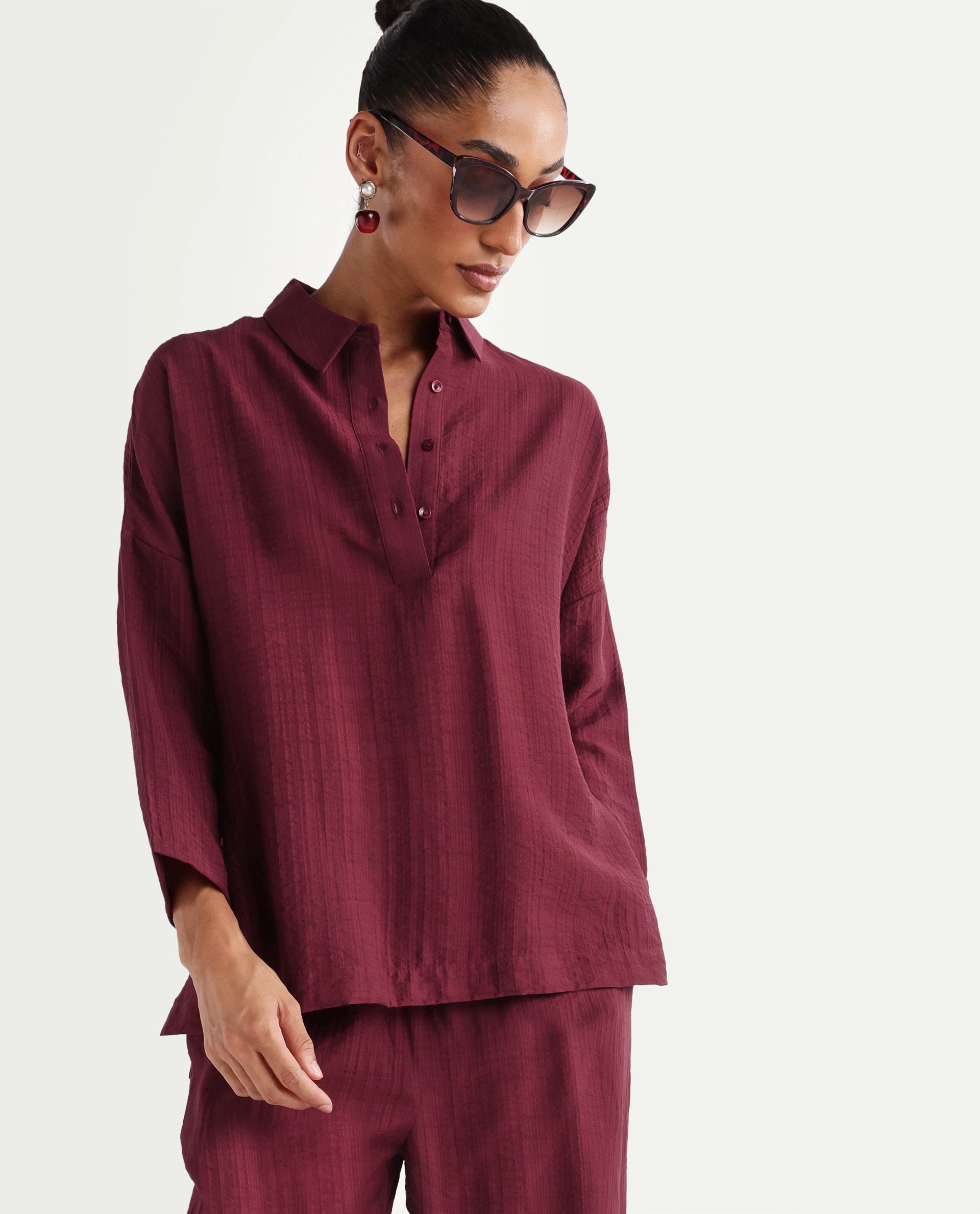 Rareism Women's Dano-T Maroon Viscose Blend Jonny Collar Pull-On Oversized Plain Top