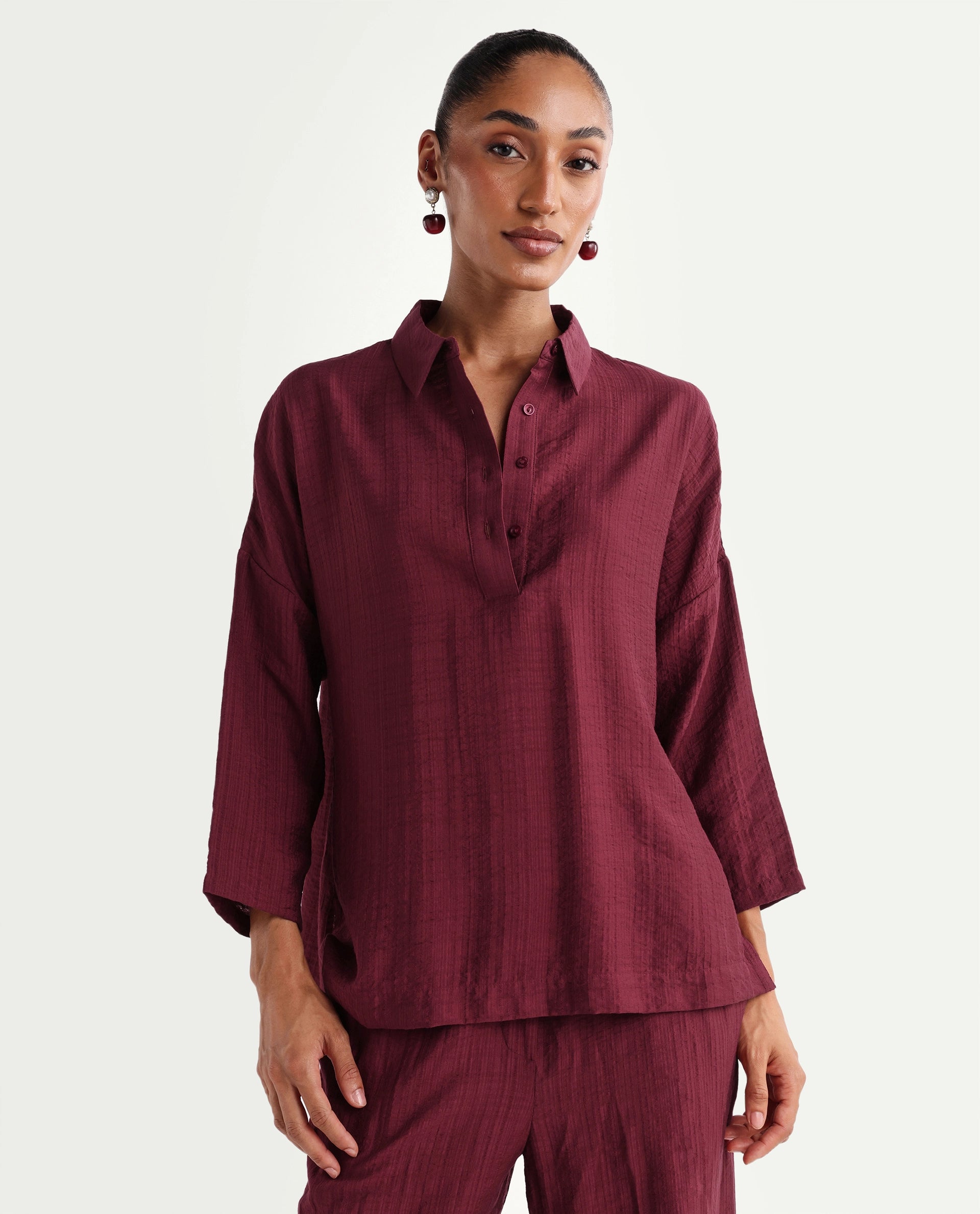 Rareism Women's Dano-T Maroon Viscose Blend Jonny Collar Pull-On Oversized Plain Top