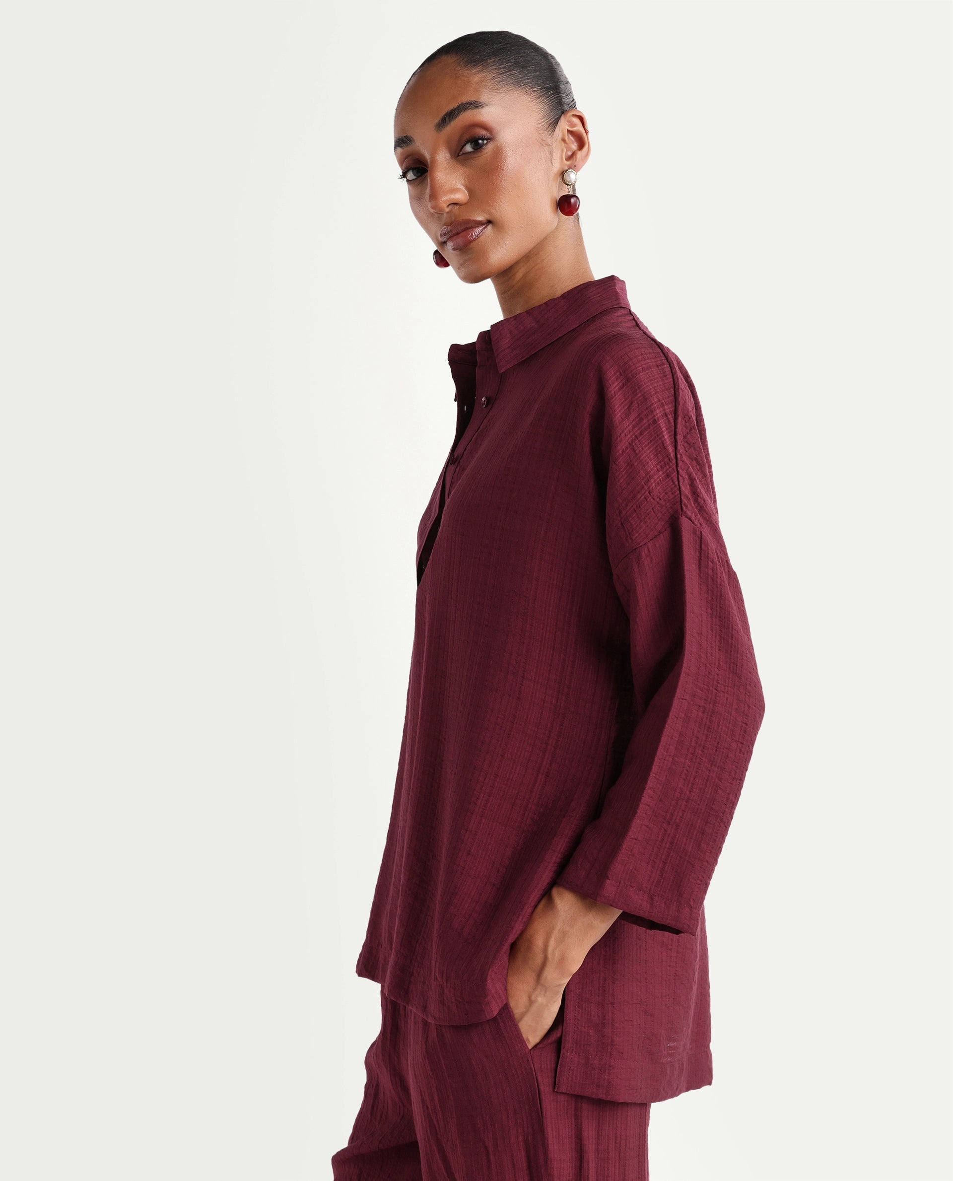 Rareism Women's Dano-T Maroon Viscose Blend Jonny Collar Pull-On Oversized Plain Top
