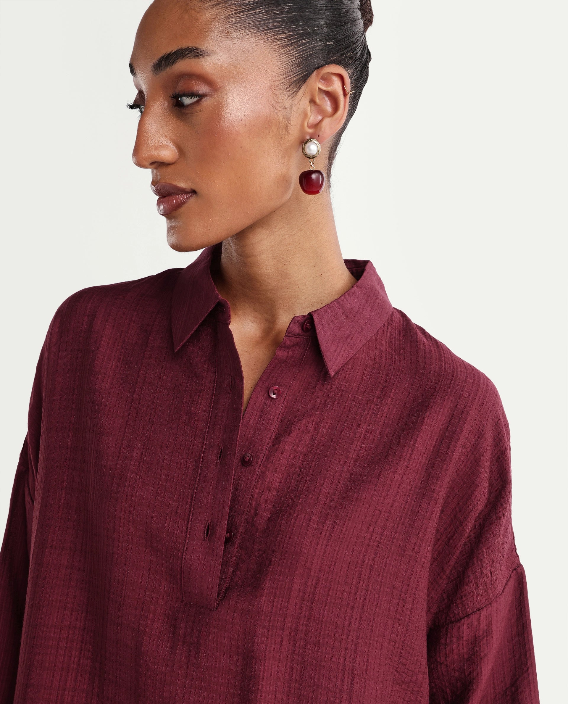Rareism Women's Dano-T Maroon Viscose Blend Jonny Collar Pull-On Oversized Plain Top