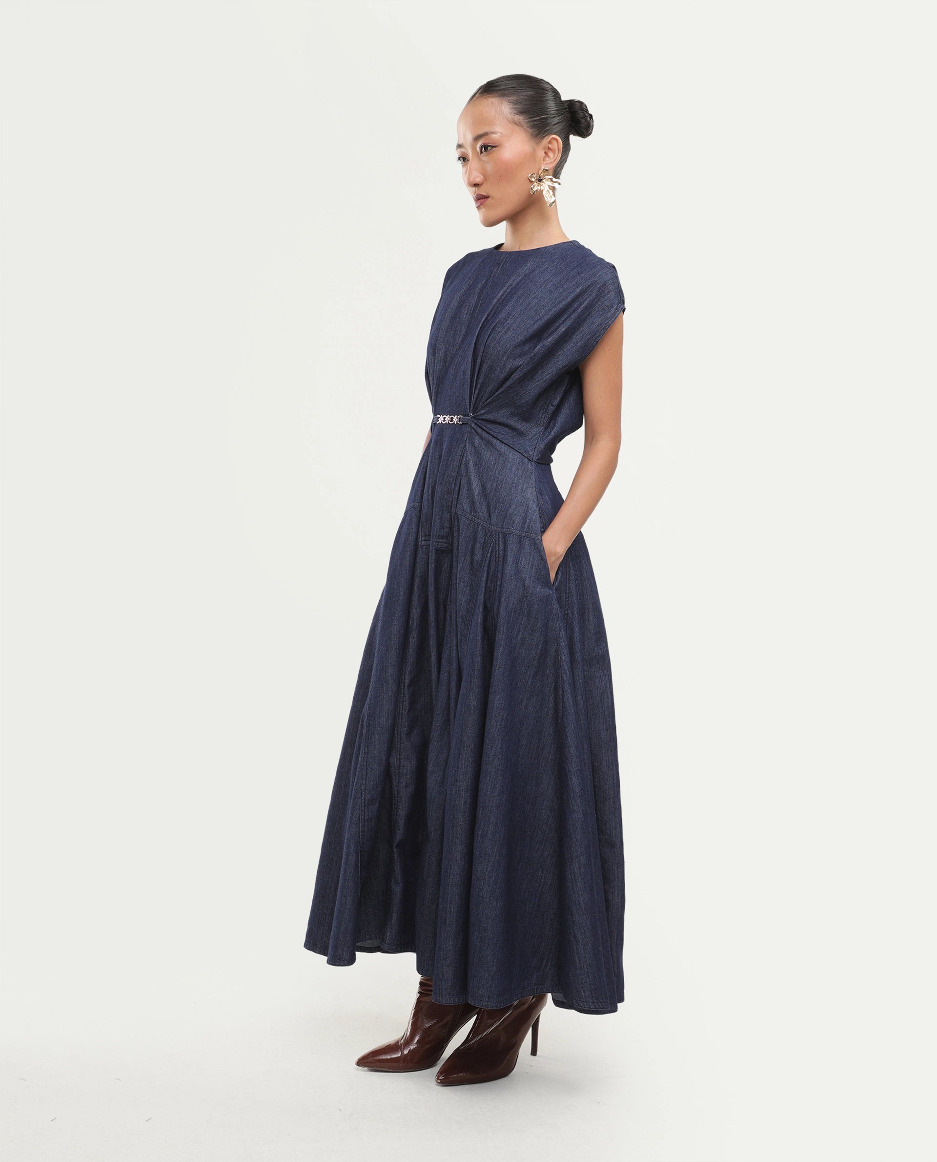 Rareism Women's Delos Dark Blue Cotton Crew Neck Button And Zip Fit And Flare Plain Dress