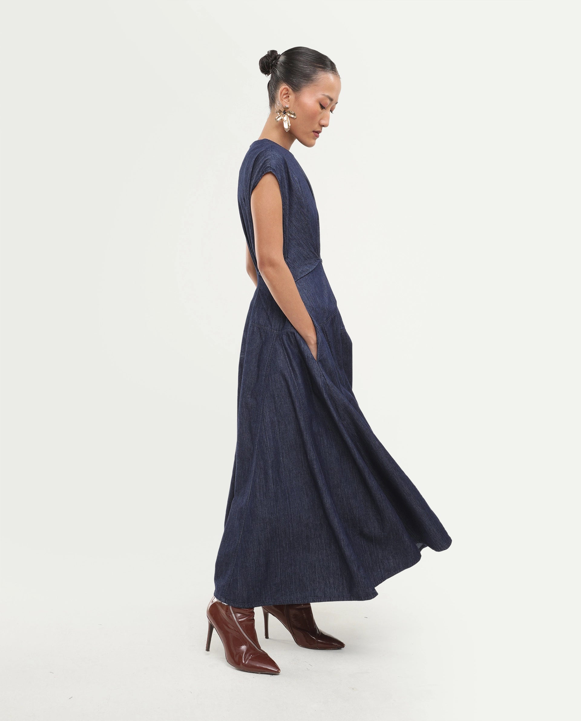 Rareism Women's Delos Dark Blue Cotton Crew Neck Button And Zip Fit And Flare Plain Dress