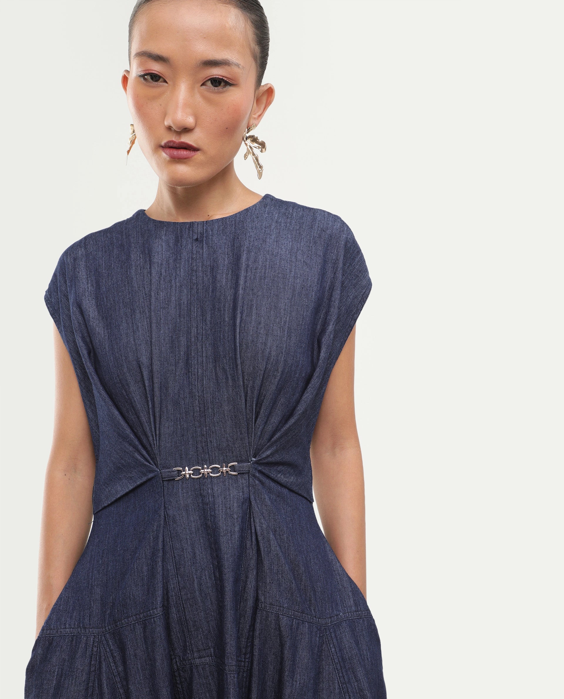 Rareism Women's Delos Dark Blue Cotton Crew Neck Button And Zip Fit And Flare Plain Dress