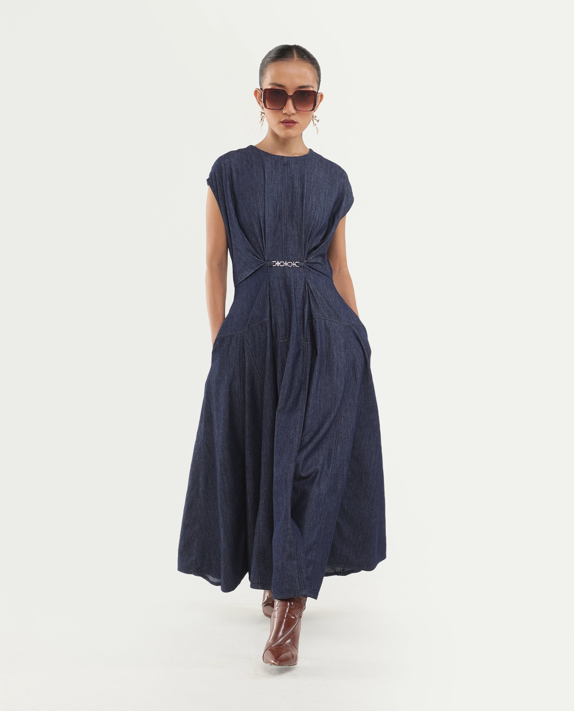 Rareism Women's Delos Dark Blue Cotton Crew Neck Button And Zip Fit And Flare Plain Dress