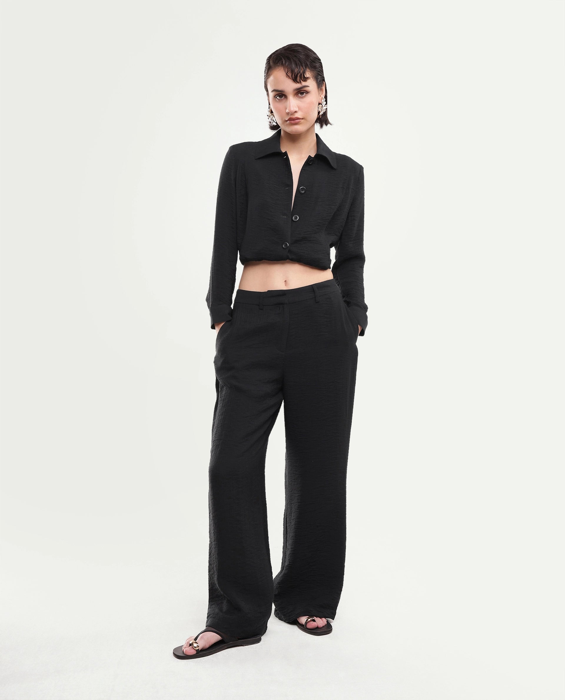 Rareism Women's Dion-B Black Viscose Blend Button And Zip Straight Plain Trouser