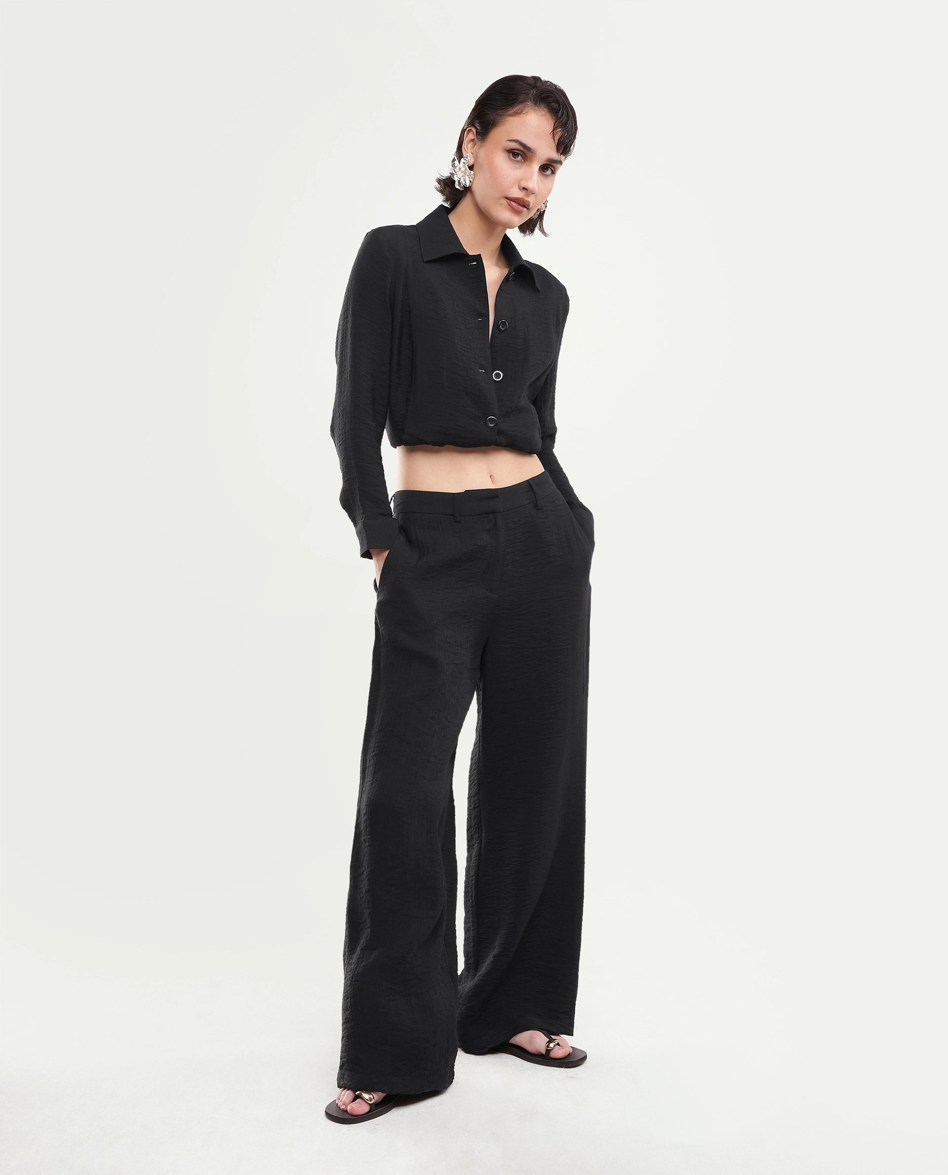 Rareism Women's Dion-B Black Viscose Blend Button And Zip Straight Plain Trouser