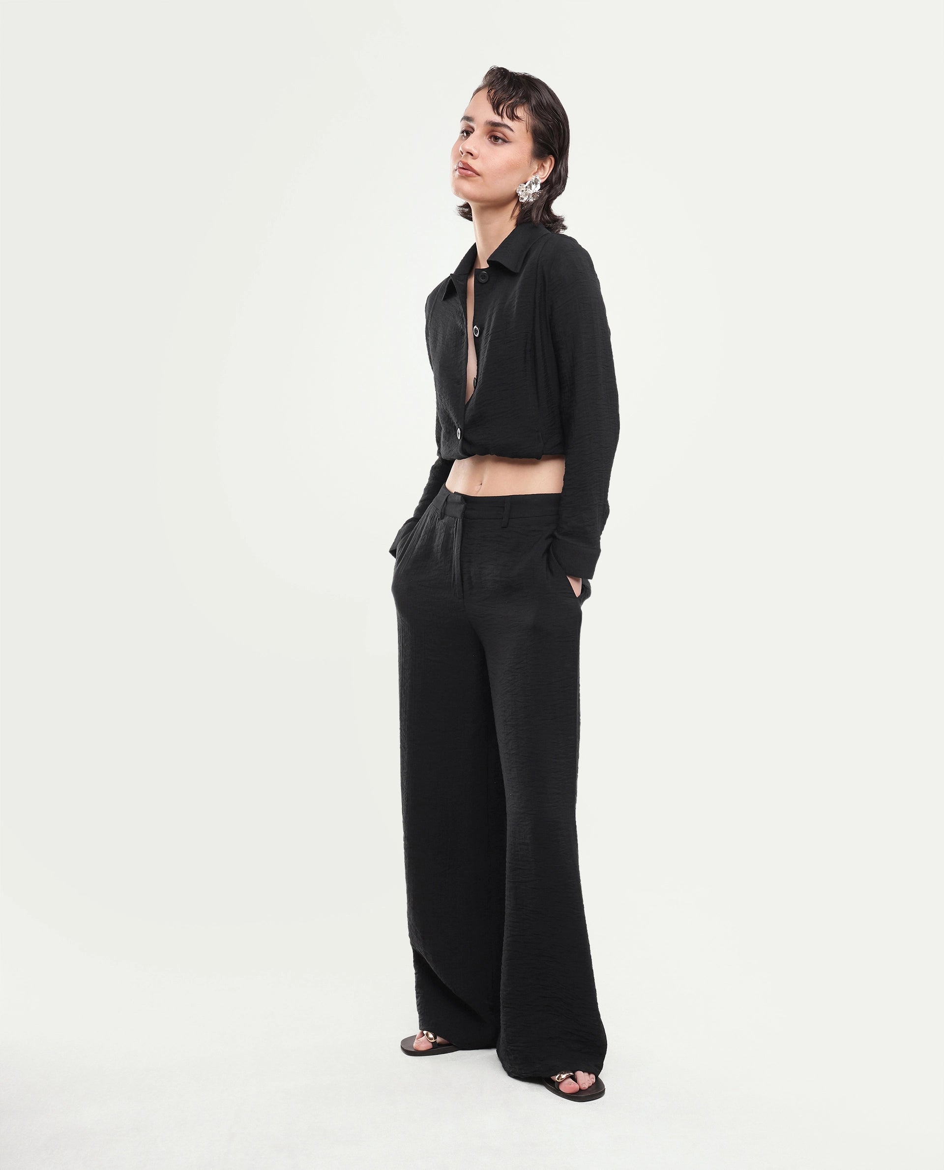 Rareism Women's Dion-B Black Viscose Blend Button And Zip Straight Plain Trouser