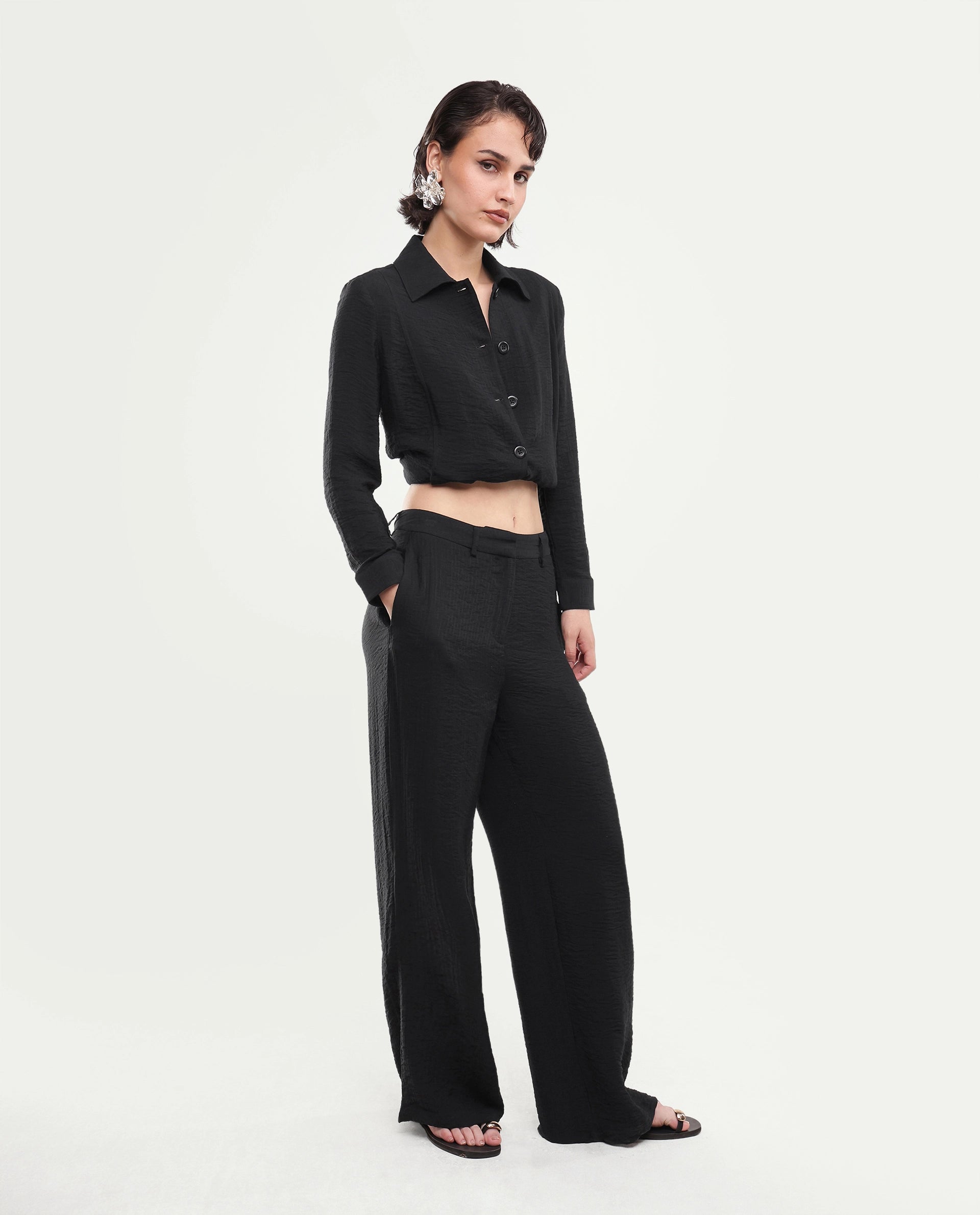 Rareism Women's Dion-B Black Viscose Blend Button And Zip Straight Plain Trouser