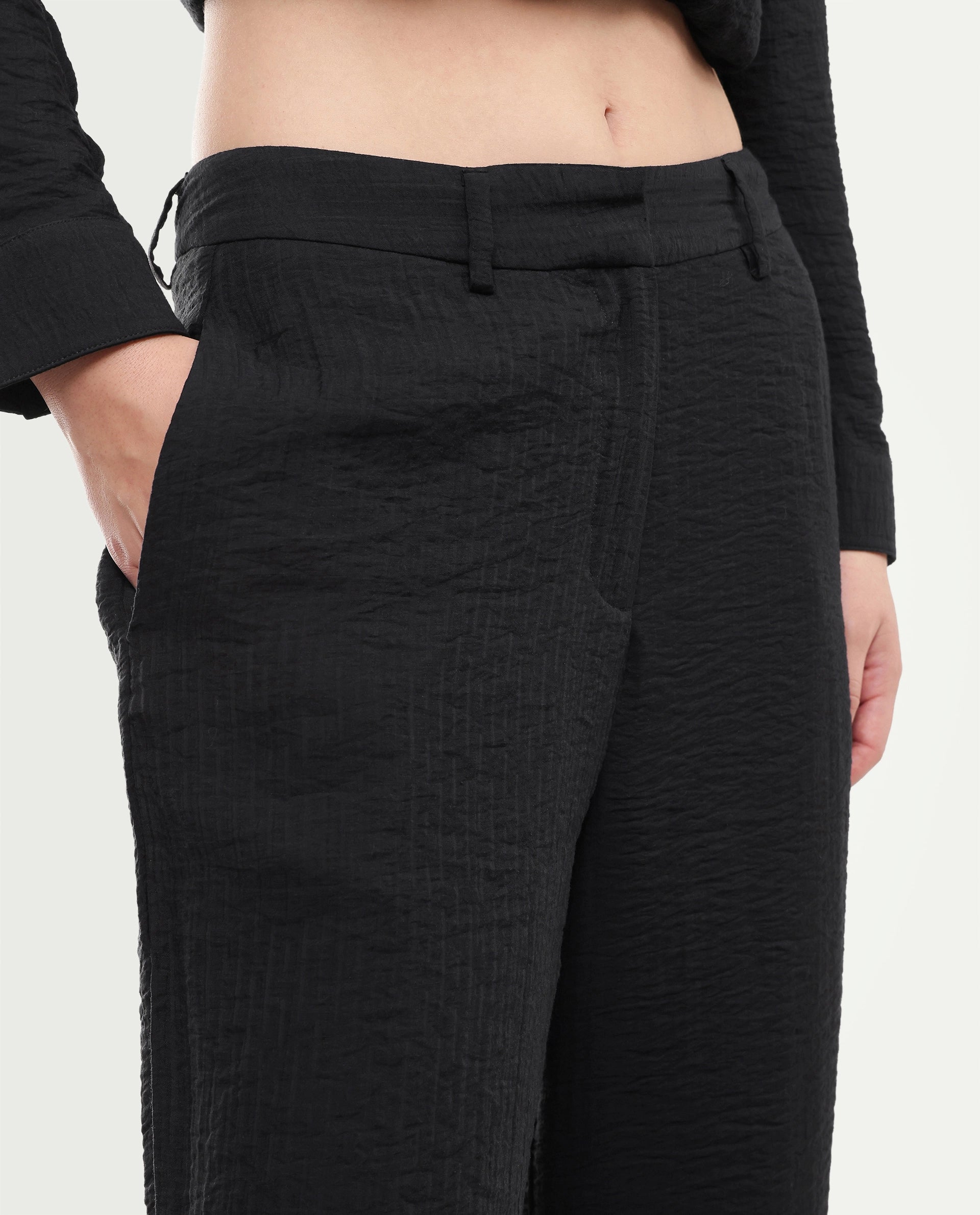Rareism Women's Dion-B Black Viscose Blend Button And Zip Straight Plain Trouser